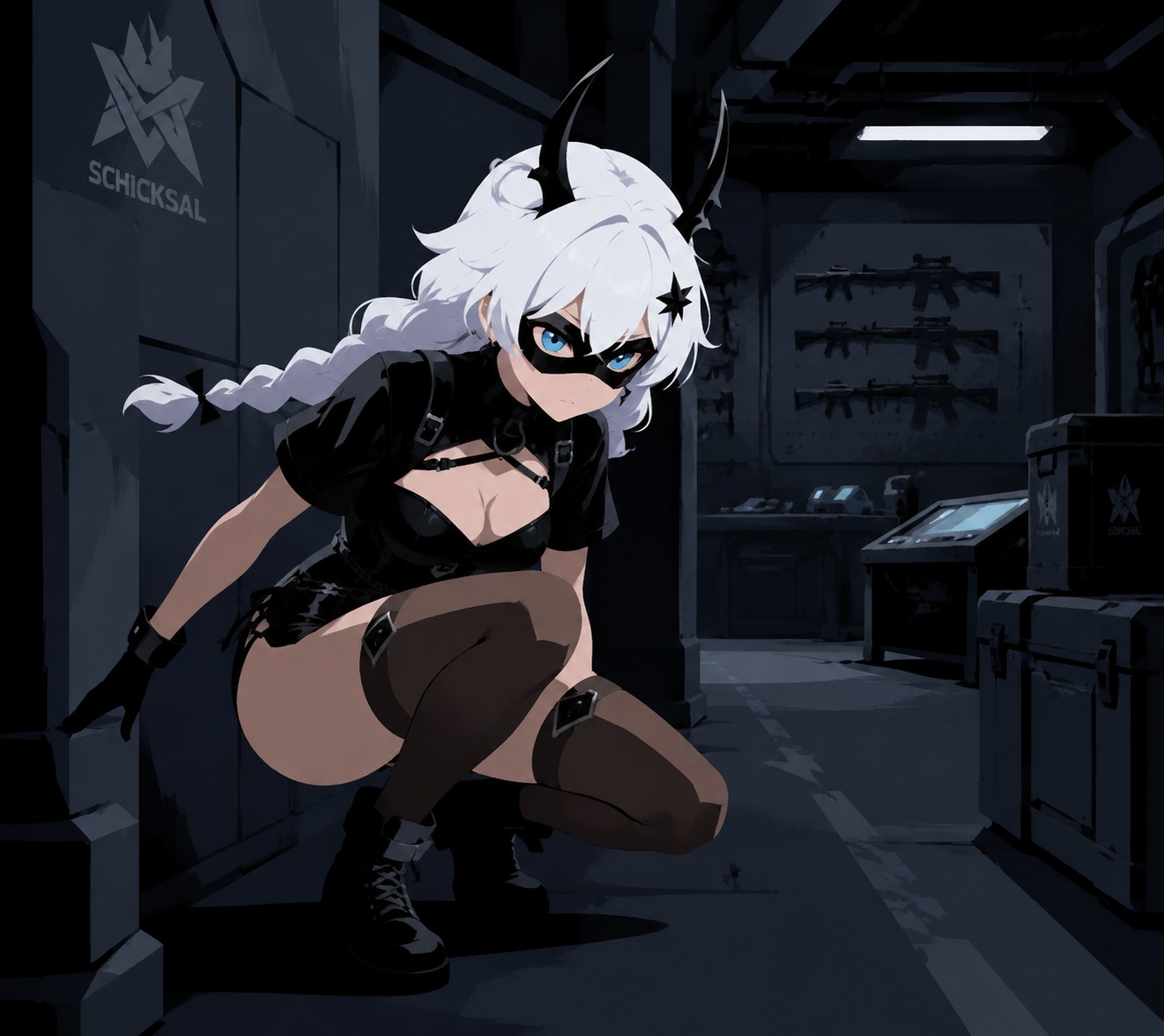 Crouching stealthily while wearing her phantom thief mask In a secret underground Schicksal armory (minimalist flat vector art with bold shapes)