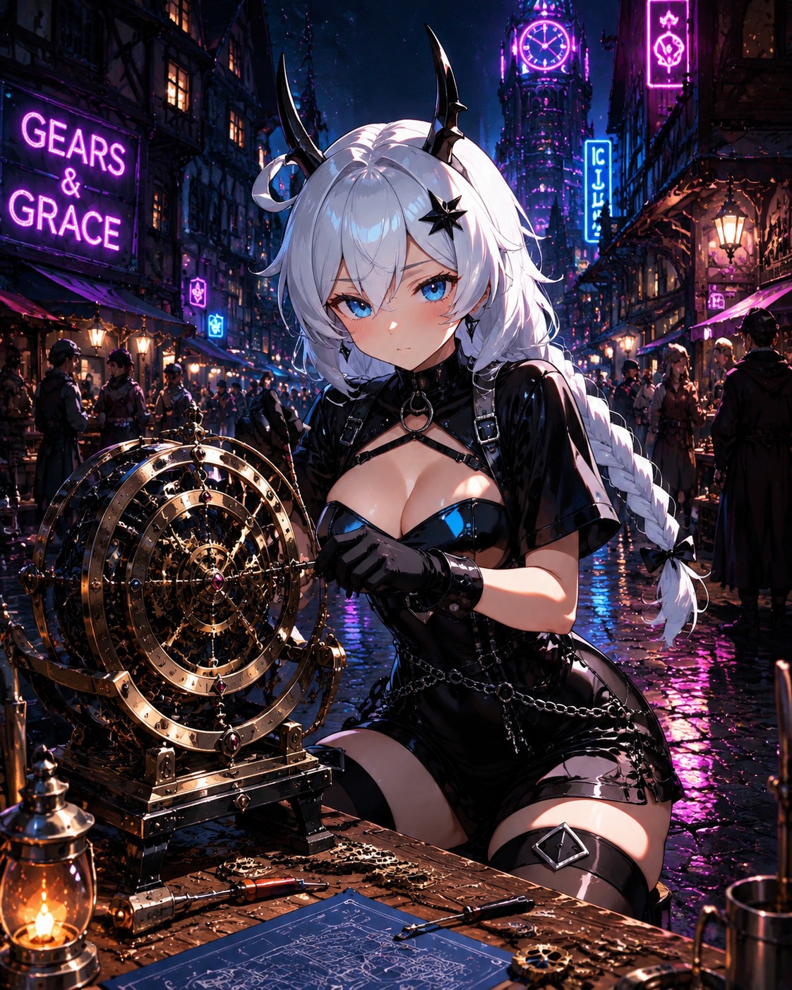 Fixing a complex mechanical clockwork device On a bustling 15th-century village market street (sharp cyberpunk neon-lit digital illustration)