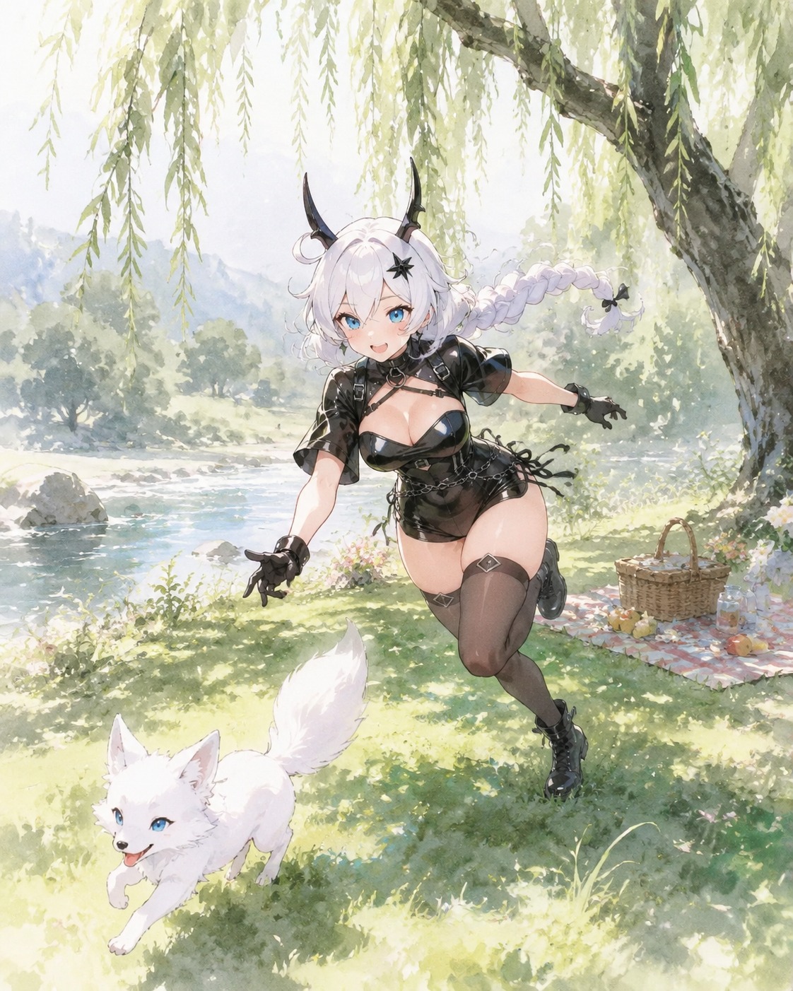 Playfully chasing a small white fox through grass At a quiet riverside picnic spot under a willow (ethereal watercolor anime with soft lighting)