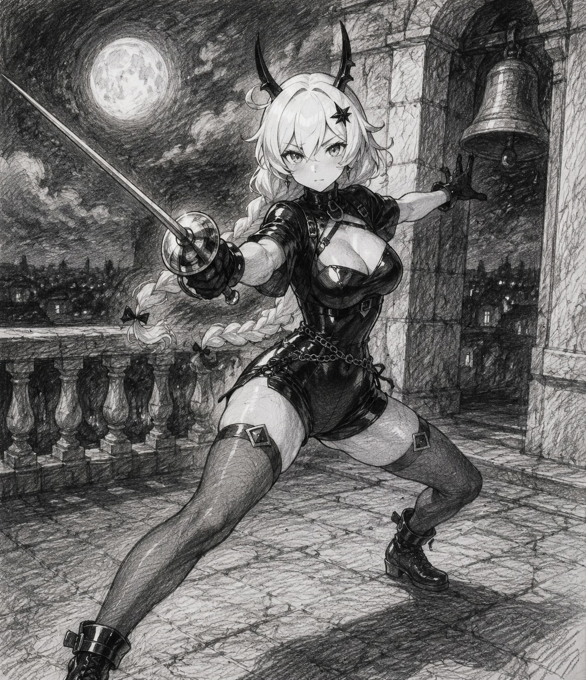 Practicing intricate fencing lunges with a rapier At a moonlit stone bell tower balcony (charcoal pencil sketch with rough crosshatched shading)