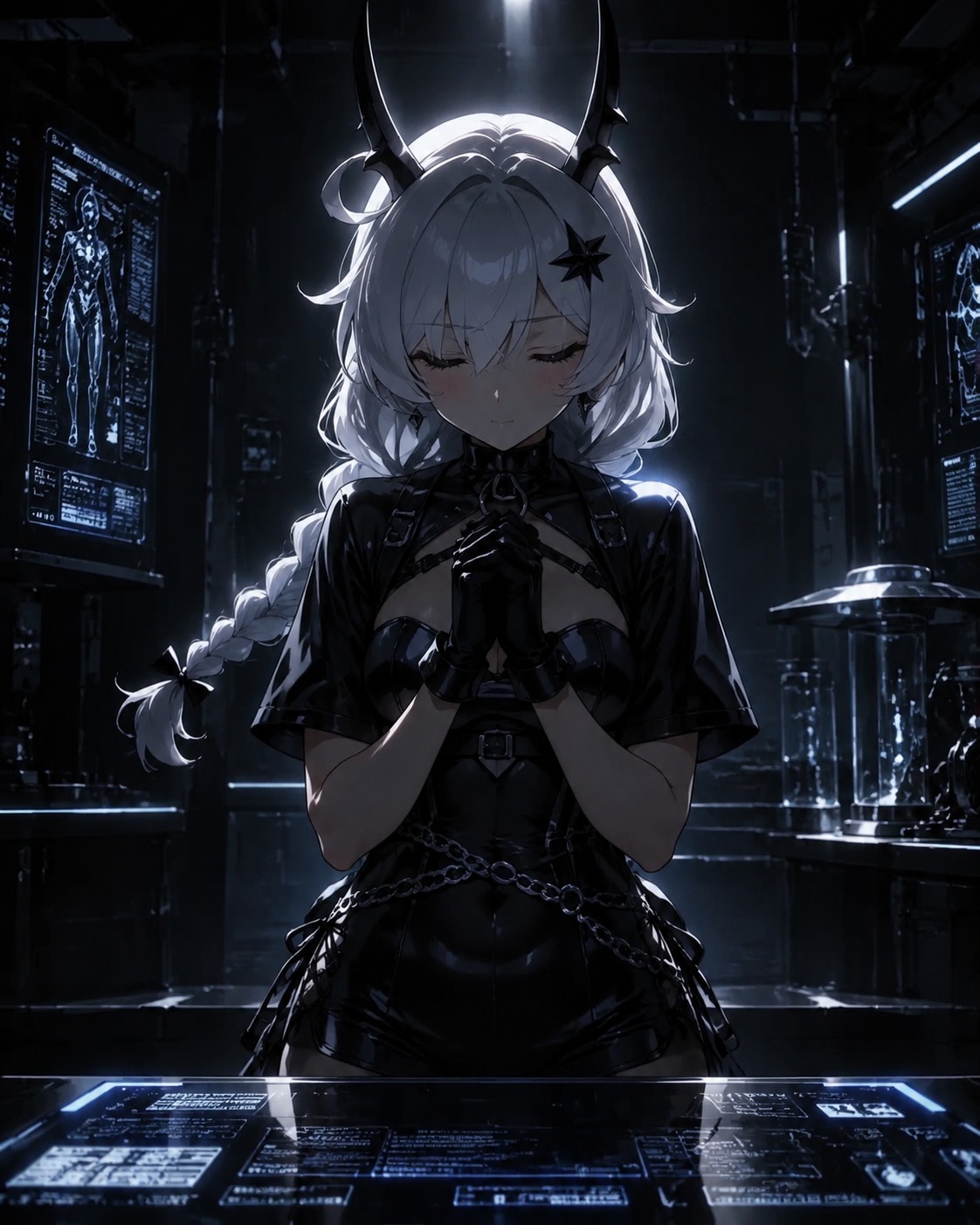 Praying silently with eyes closed and hands clasped At a high-tech futuristic laboratory terminal (cinematic noir with harsh dramatic shadows)