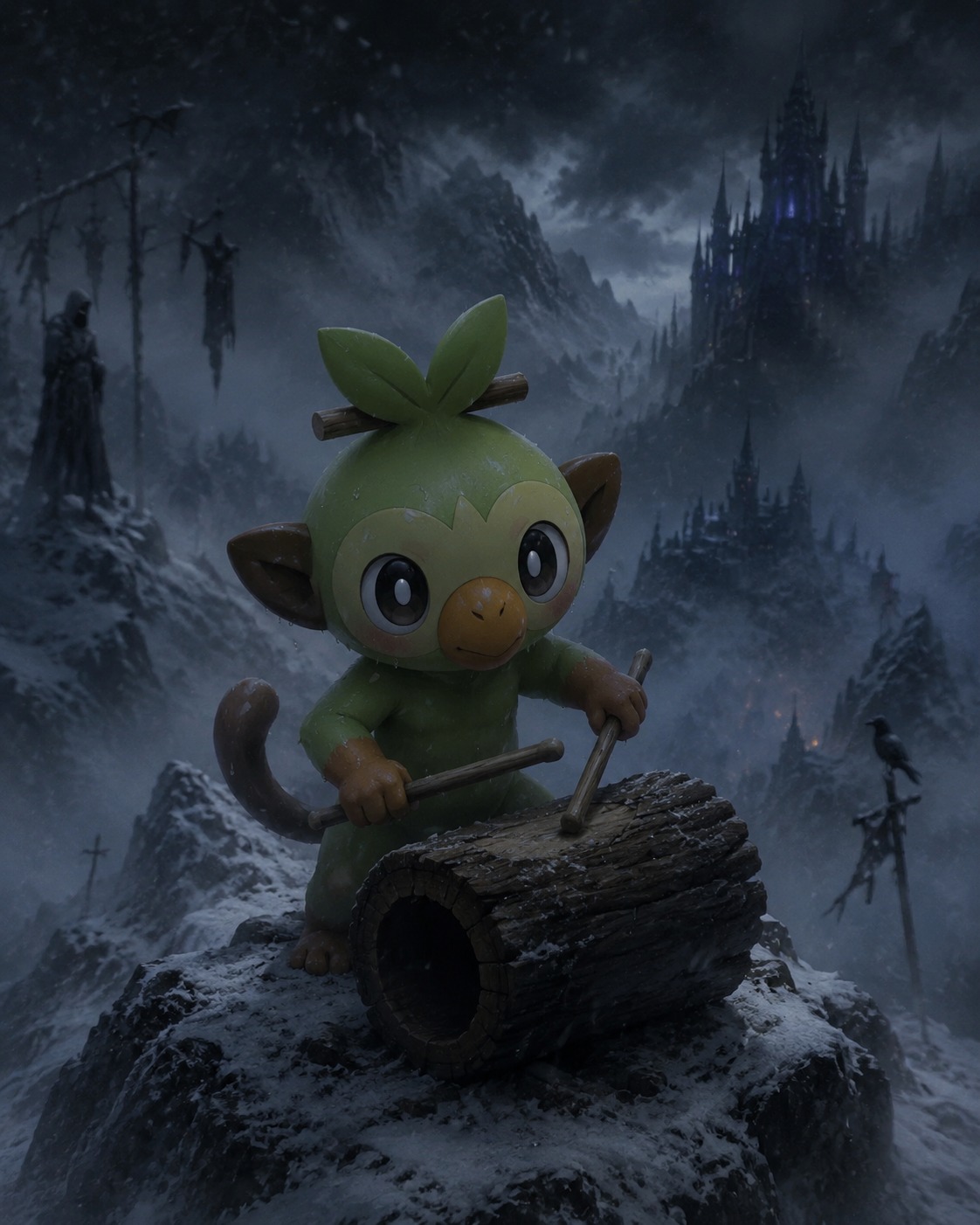 Drumming a rhythmic beat on a hollow log On a snowy mountain peak during a quiet blizzard (dark gothic fantasy, moody atmosphere and thick fog)