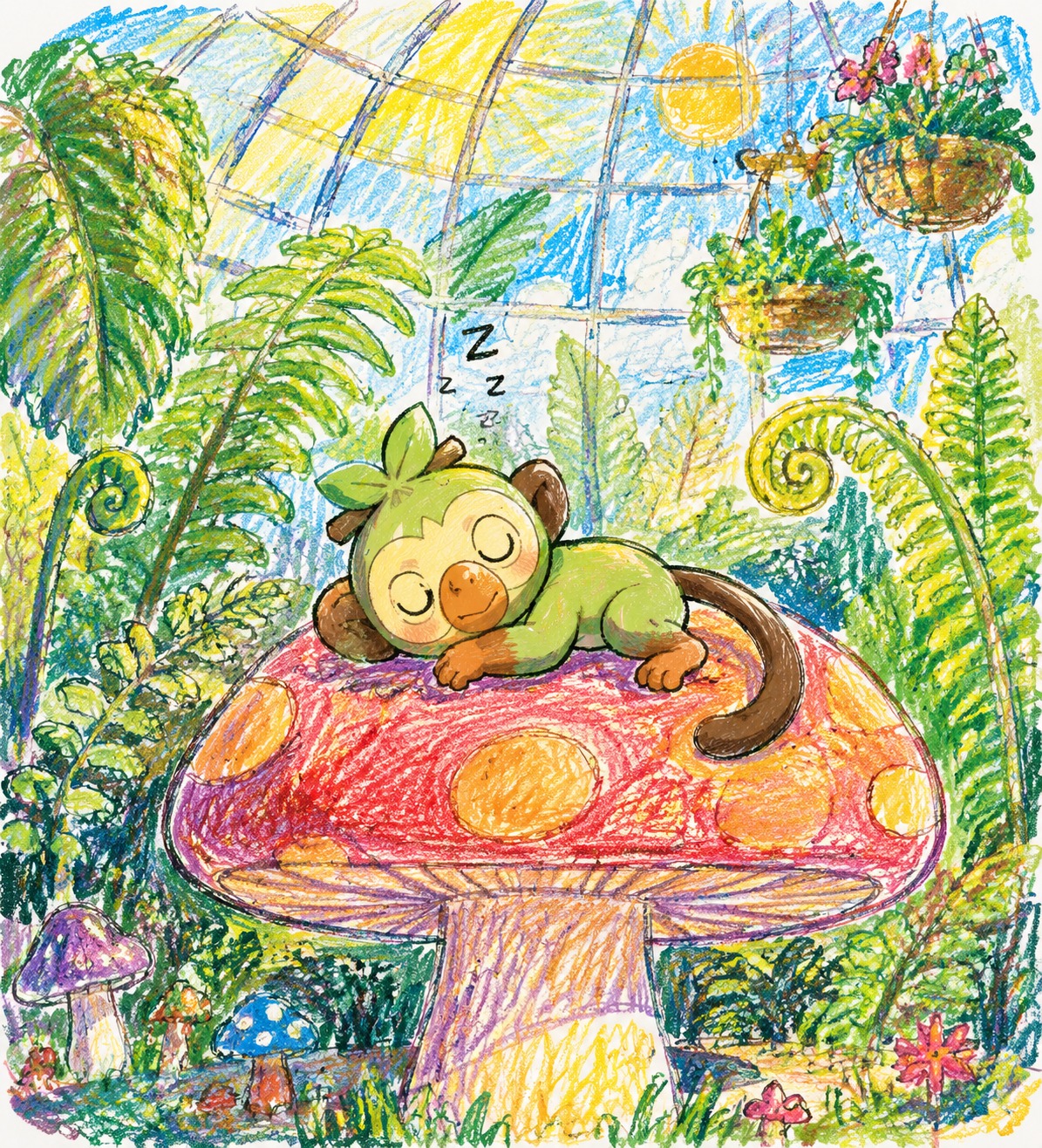 Napping peacefully atop a giant colorful mushroom In a sun-drenched greenhouse full of giant ferns (childlike crayon drawing, messy lines and vibrant colors)