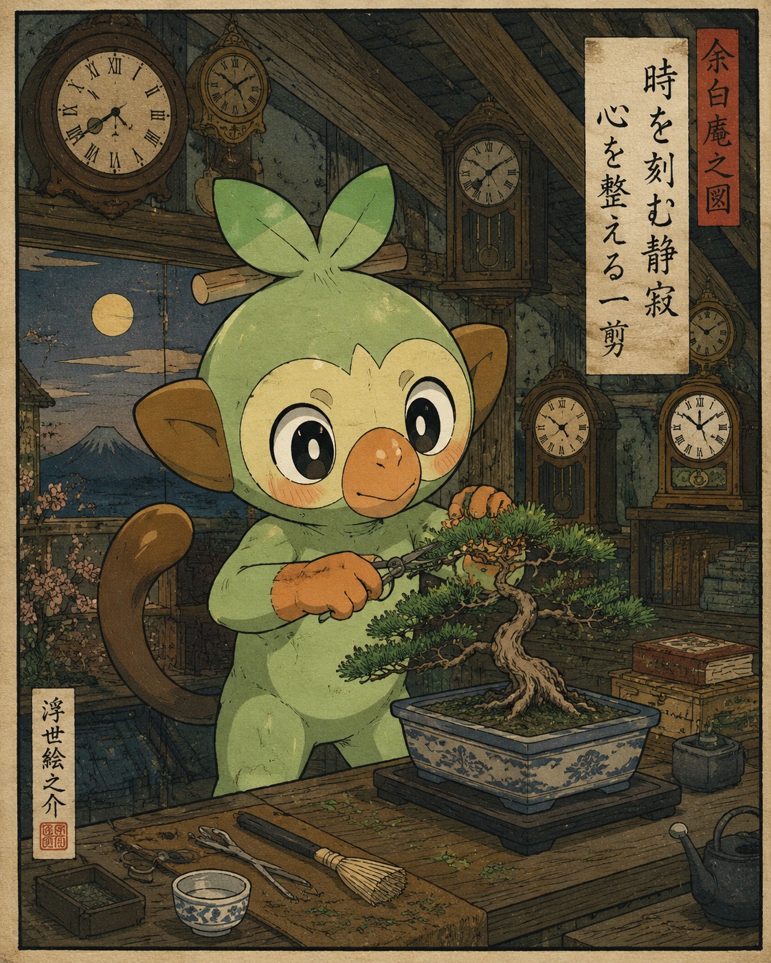 Pruning a tiny bonsai tree with focused precision In a cozy attic filled with ticking antique clocks (traditional Ukiyo-e woodblock print, flat shapes and outlines)