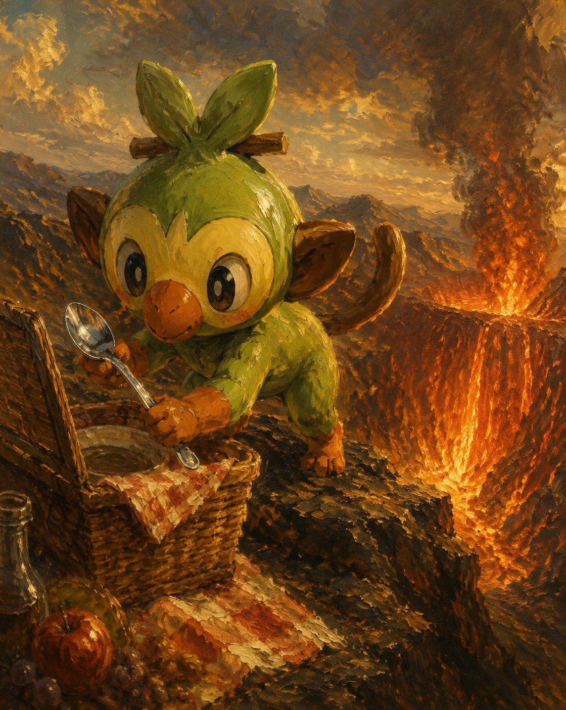 Stealing a silver spoon from a picnic basket At the edge of a glowing volcanic crater (vintage oil painting, heavy brushstrokes and warm tones)