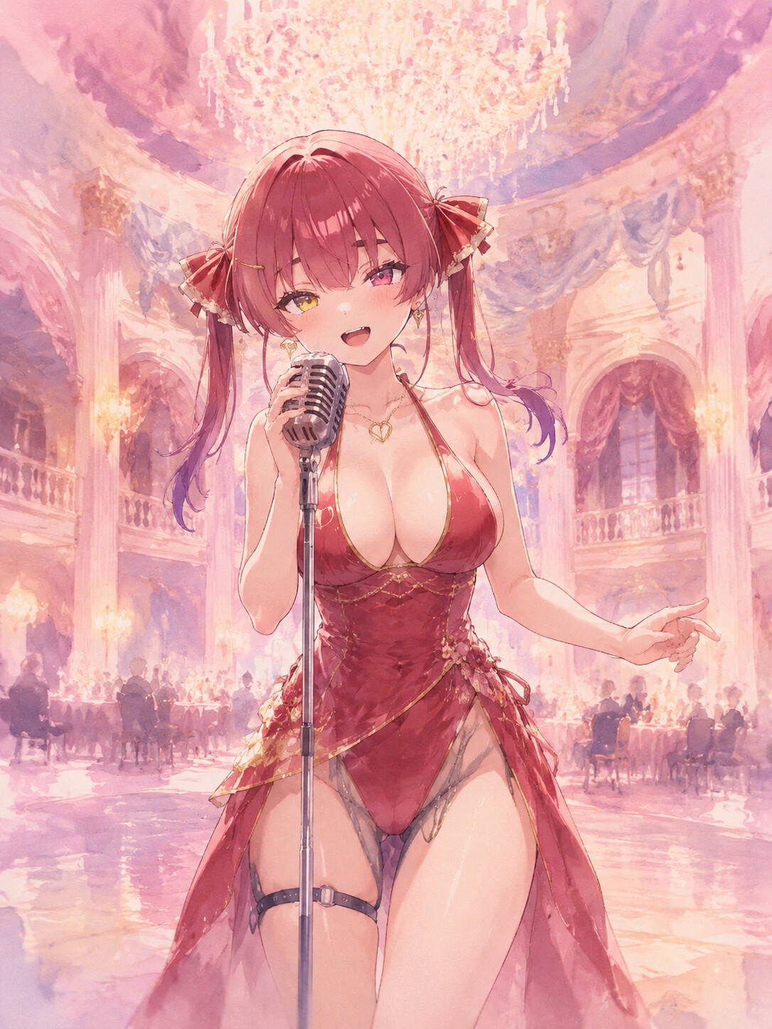 Singing karaoke with a vintage microphone at a grand ballroom under a crystal chandelier (soft watercolor illustration)