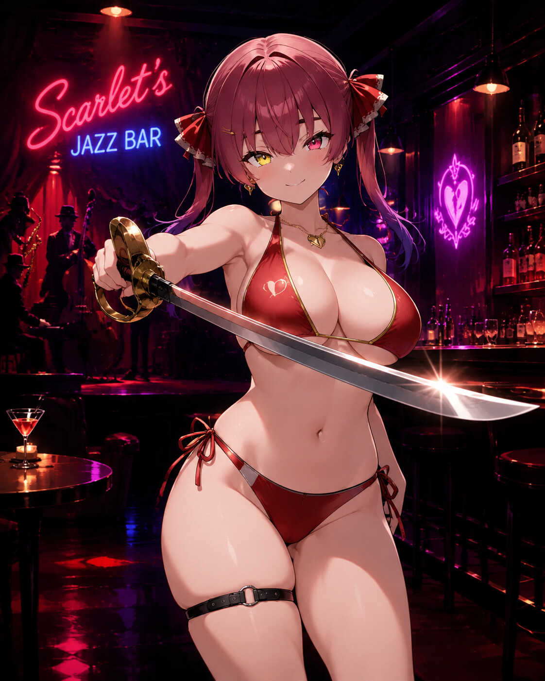Striking a dramatic pose with her cutlass in a dimly lit jazz bar with neon accents (vibrant anime art)
