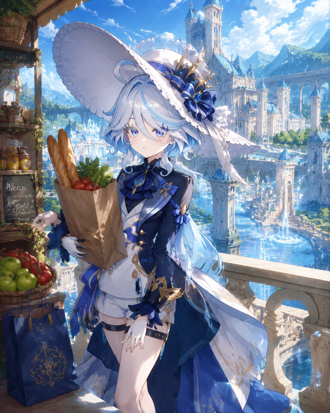Buying groceries while wearing a large sunhat On a balcony overlooking the Court of Fontaine (detailed digital painting, sparkling water effects)