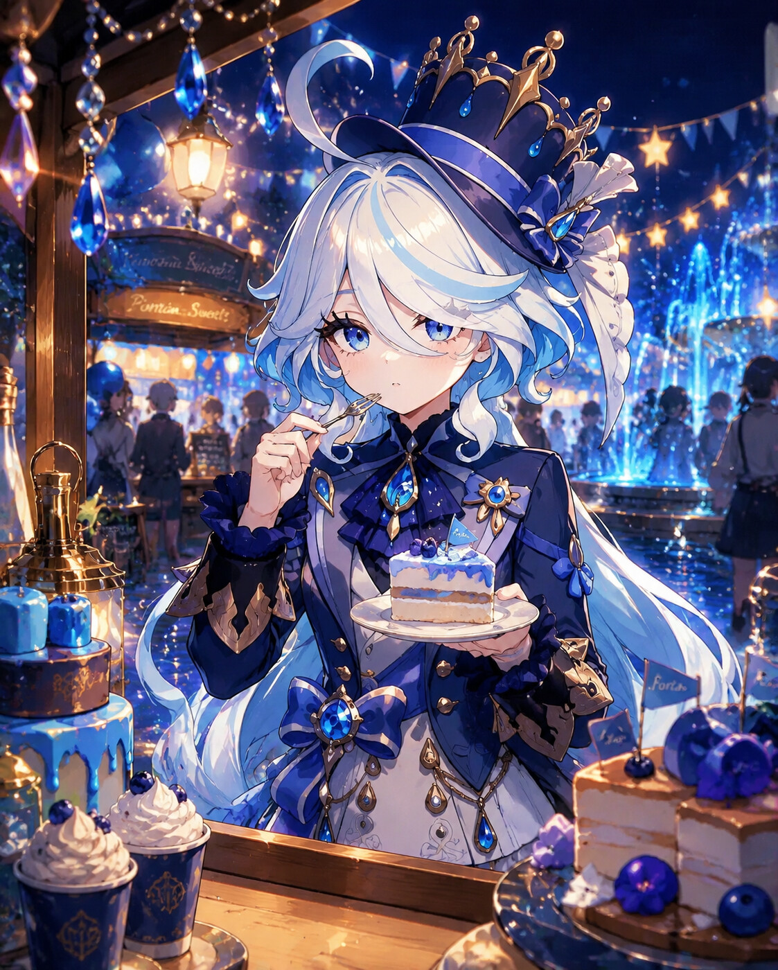 Enjoying a slice of cake with a tiny fork at a bustling festival stall during the night (detailed digital painting)