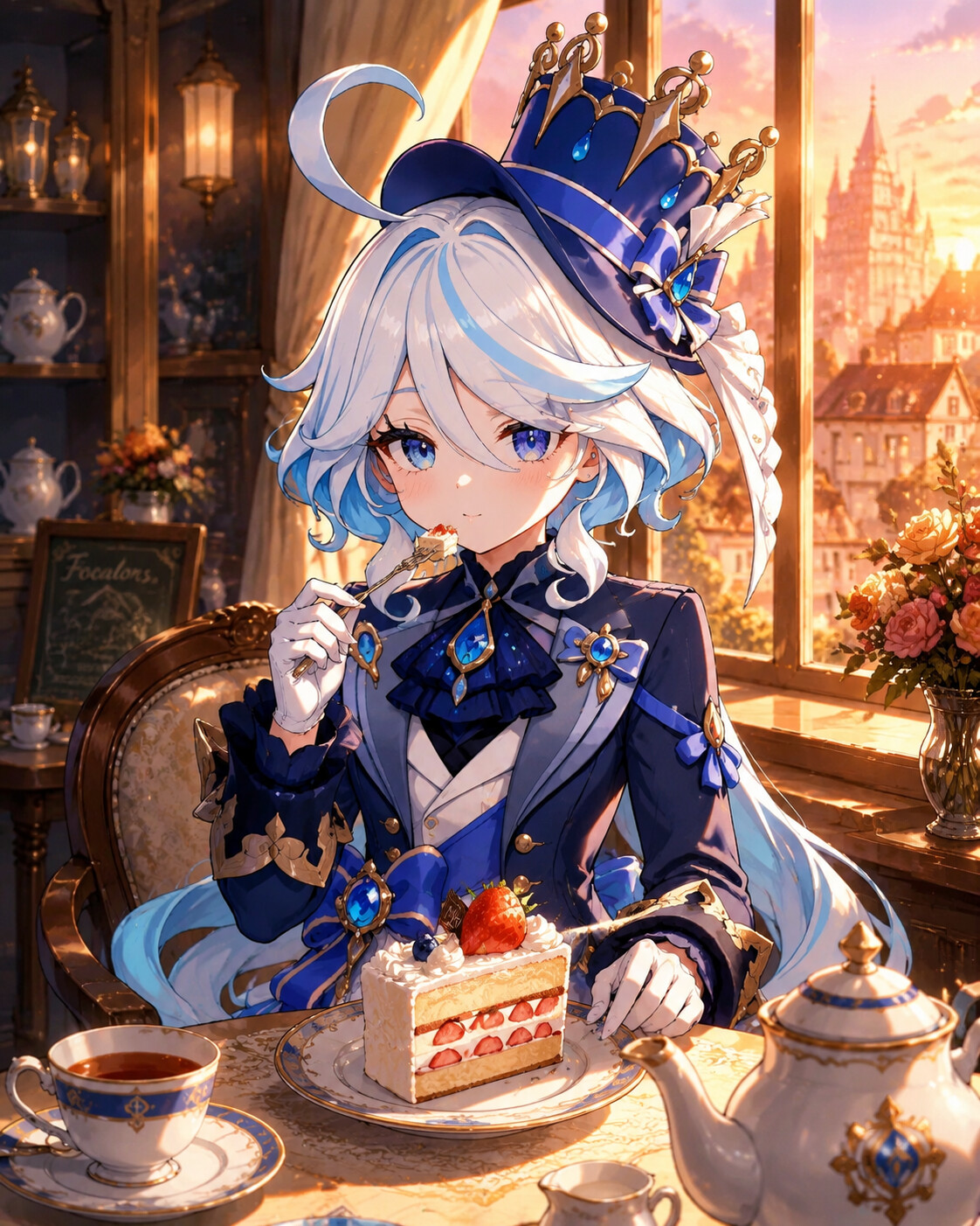 Enjoying a slice of cake with a tiny fork in a cozy tea shop during sunset (vibrant anime style)
