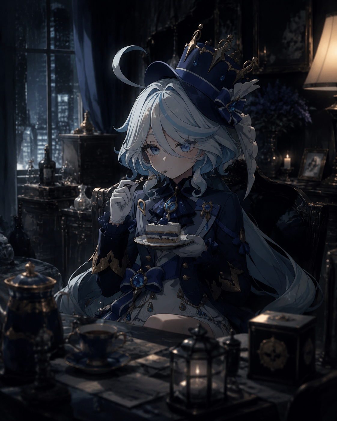 Enjoying a slice of cake with a tiny fork In a quiet apartment filled with props (dark cinematic noir, moody shadows)