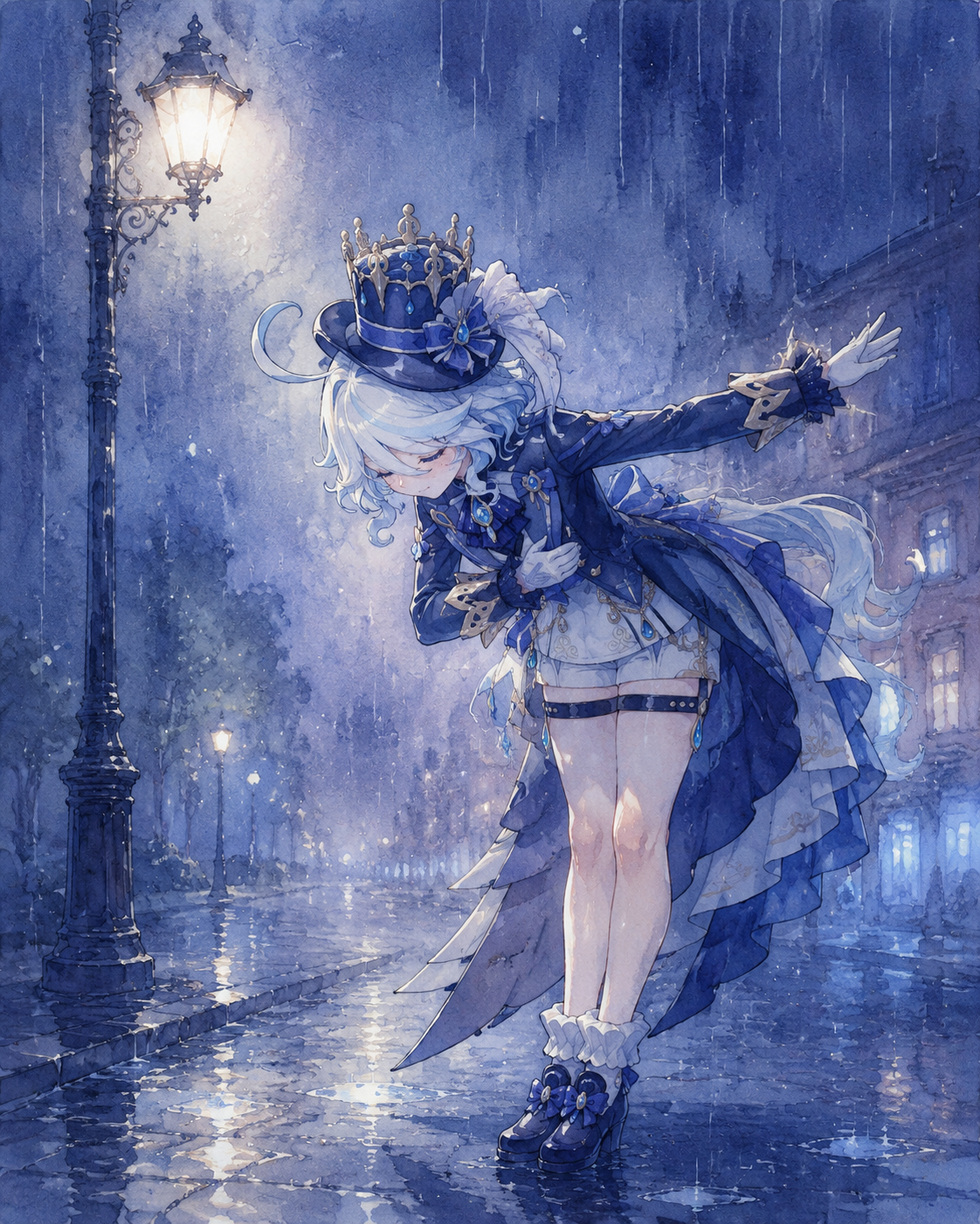 Performing a grand bow to an invisible audience On a rainy street under a glowing streetlight (soft watercolor, ethereal blue hues)