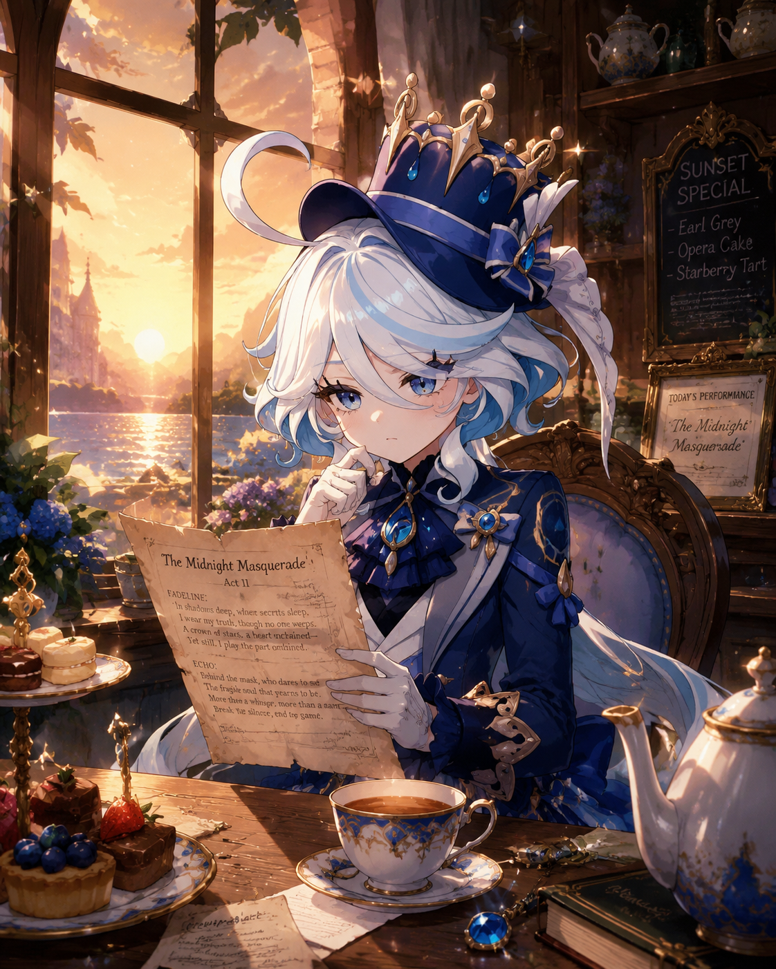 Practicing lines from a tattered theater script In a cozy tea shop during sunset (detailed digital painting, sparkling water effects)