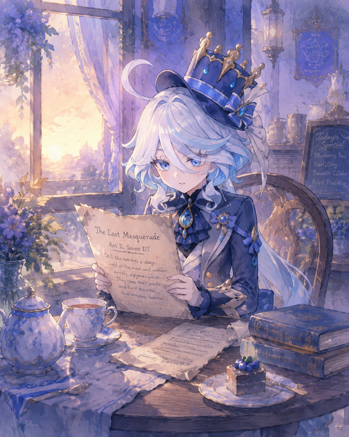 Practicing lines from a tattered theater script In a cozy tea shop during sunset (soft watercolor, ethereal blue hues)