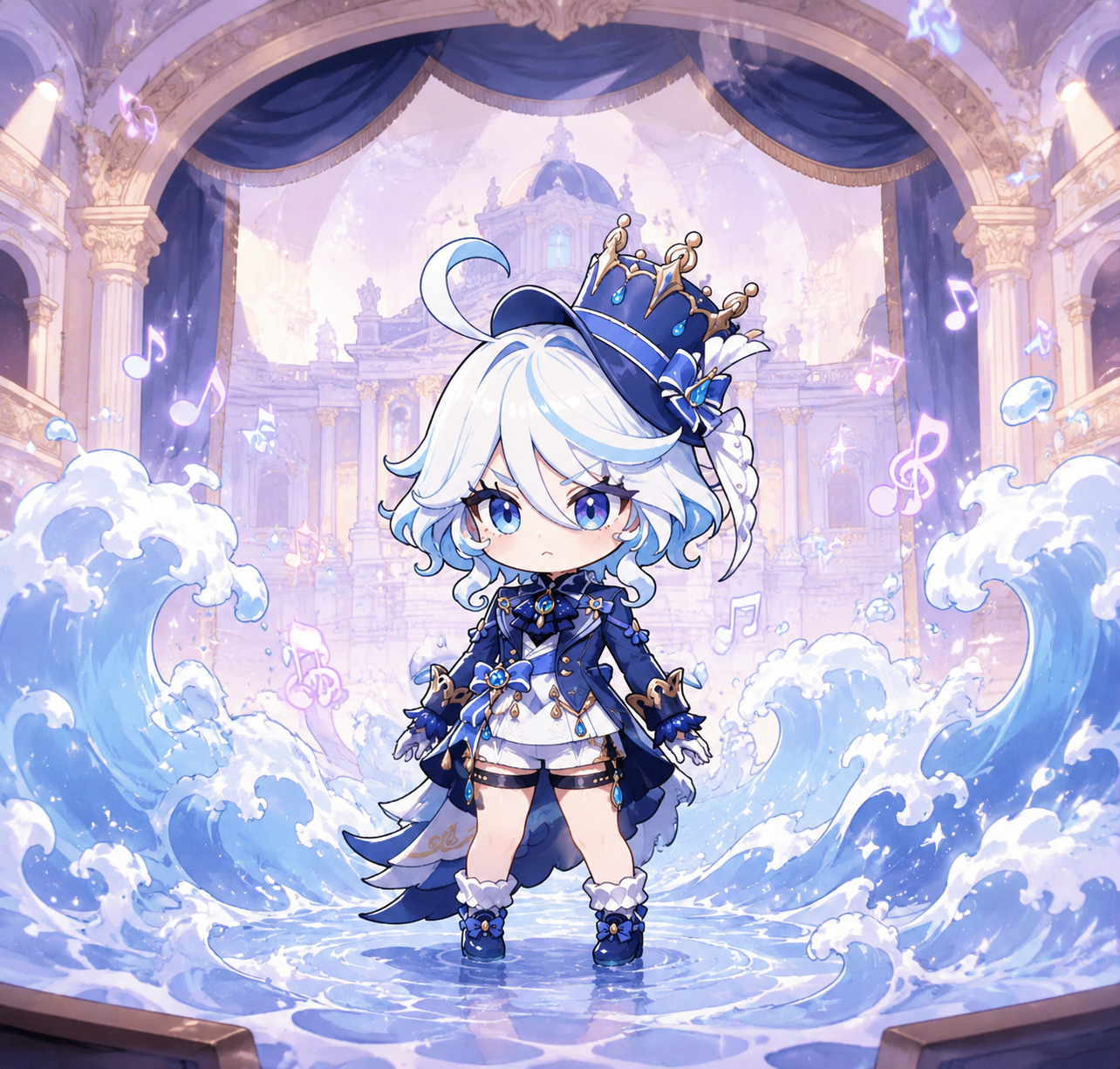 Standing defiantly against a rising tide At the center of the Opera House stage (cute chibi art, pastel colors)