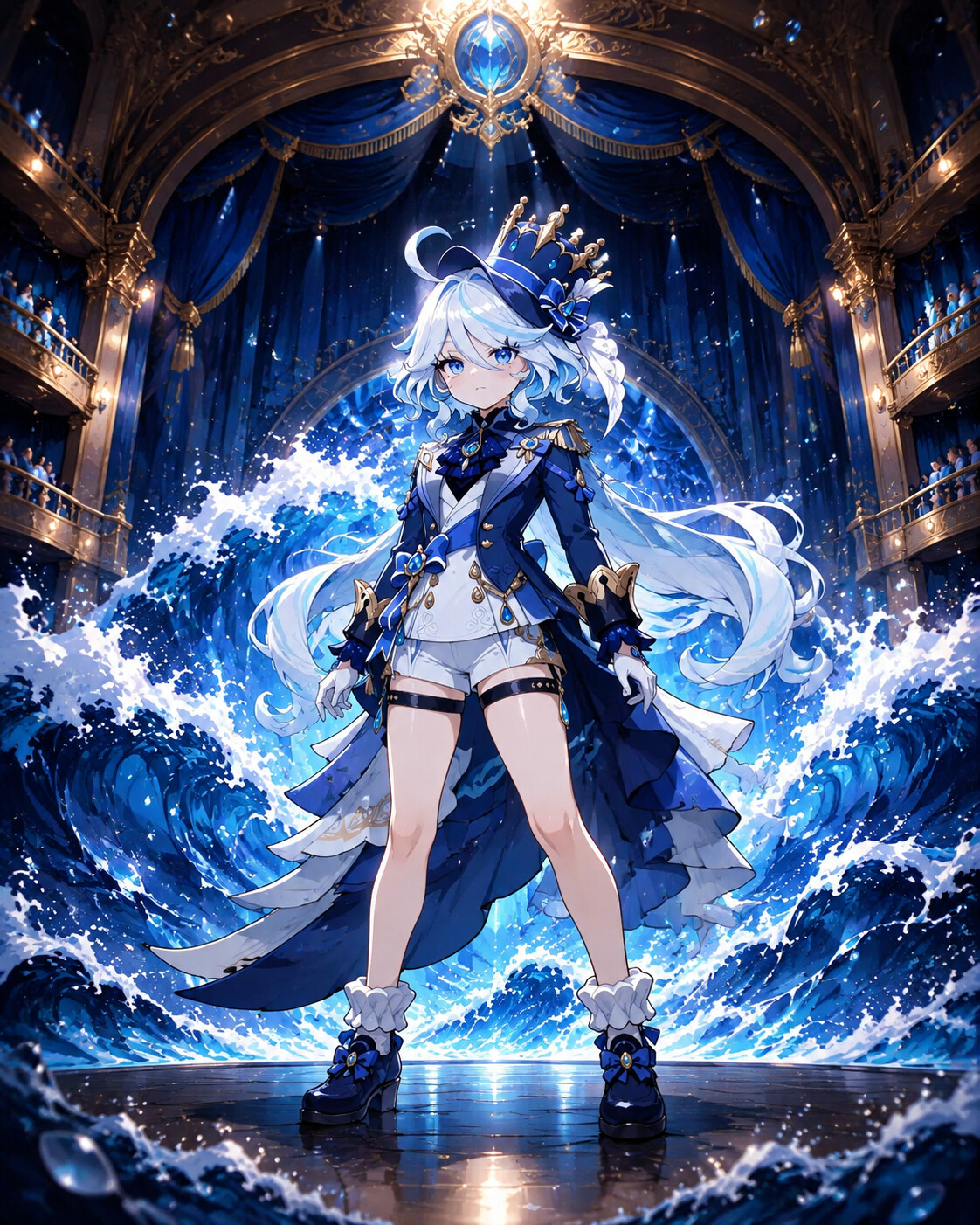 Standing defiantly against a rising tide at the center of the Opera House stage (vibrant anime style)