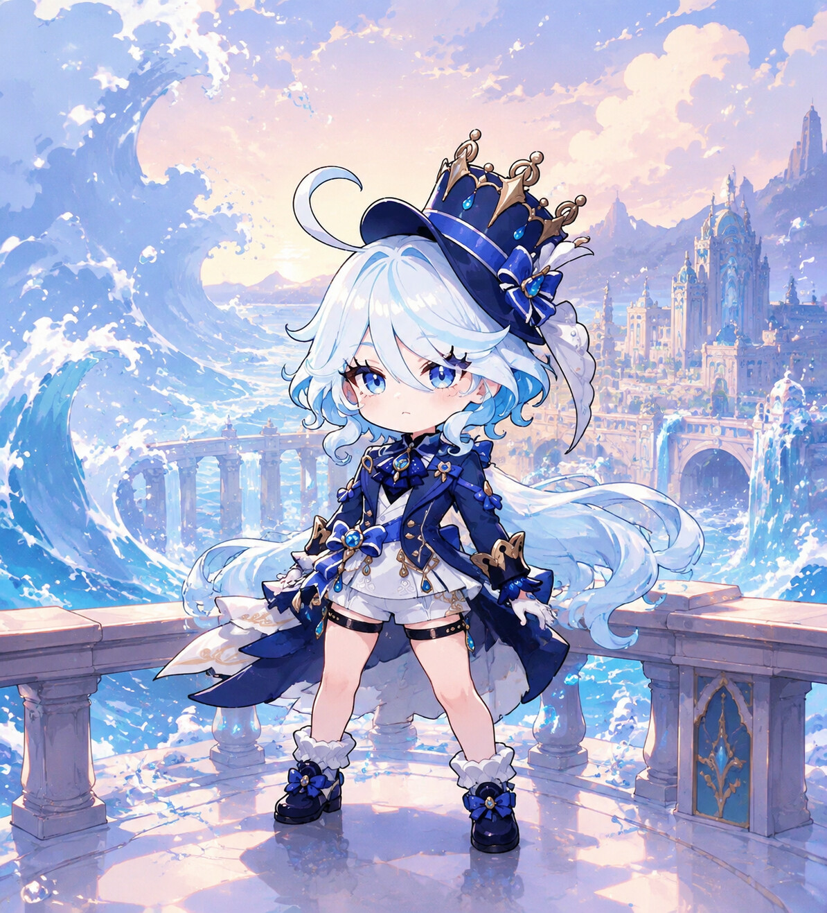 Standing defiantly against a rising tide on a balcony overlooking the Court of Fontaine (cute chibi art)