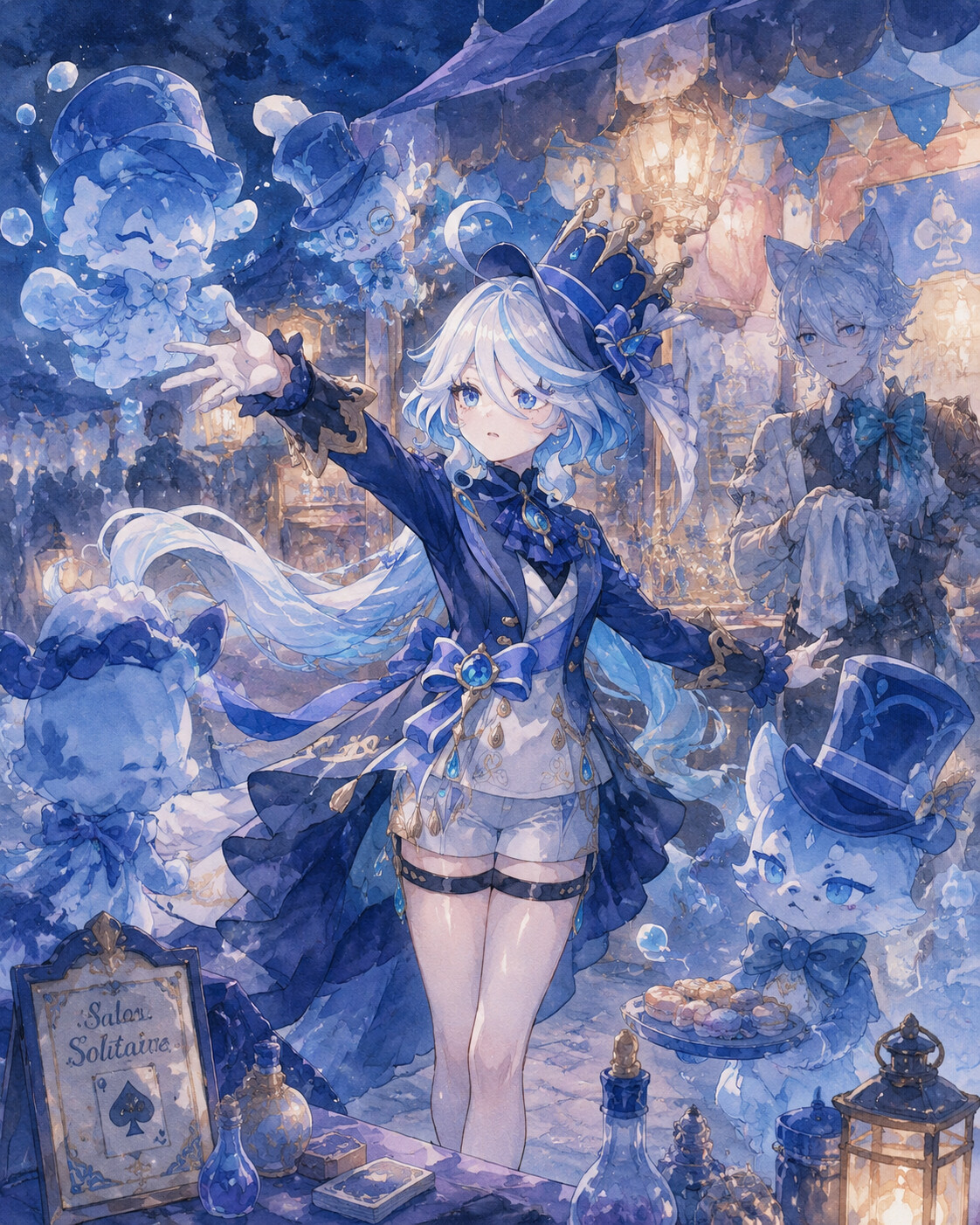 Summoning her Salon Solitaire members with a flourish at a bustling festival stall during the night (soft watercolor)