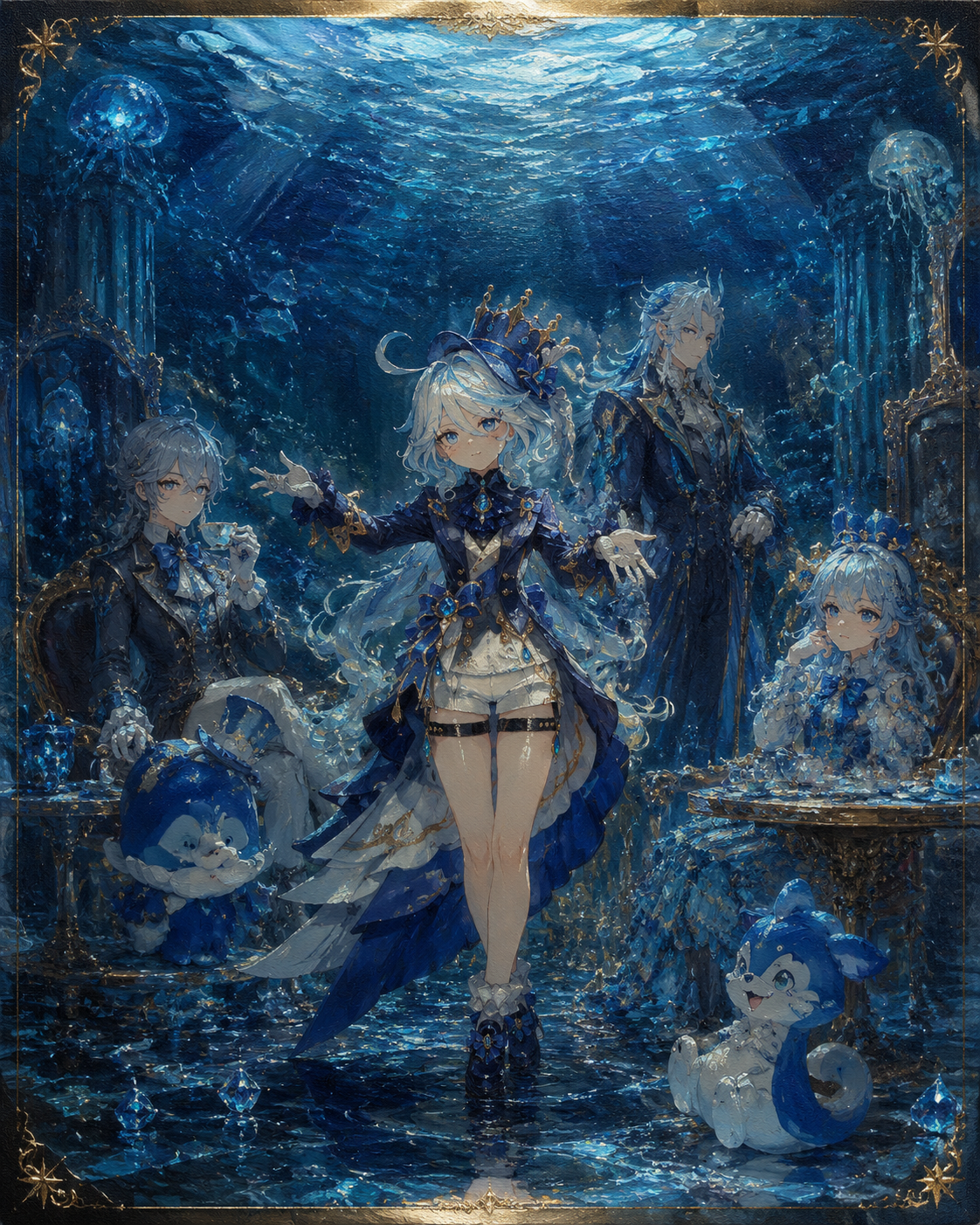 Summoning her salon solitaire members with a flourish At the bottom of a shimmering crystal ocean (vintage oil painting, rich textures)