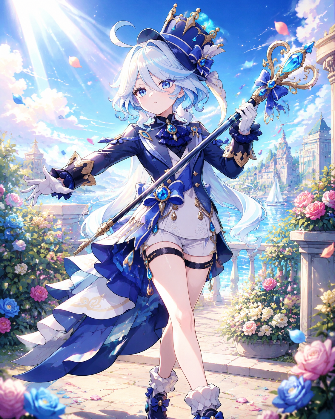Twirling her ornate cane under a spotlight In a sun-drenched flower garden near the harbor (vibrant anime style, theatrical lighting)