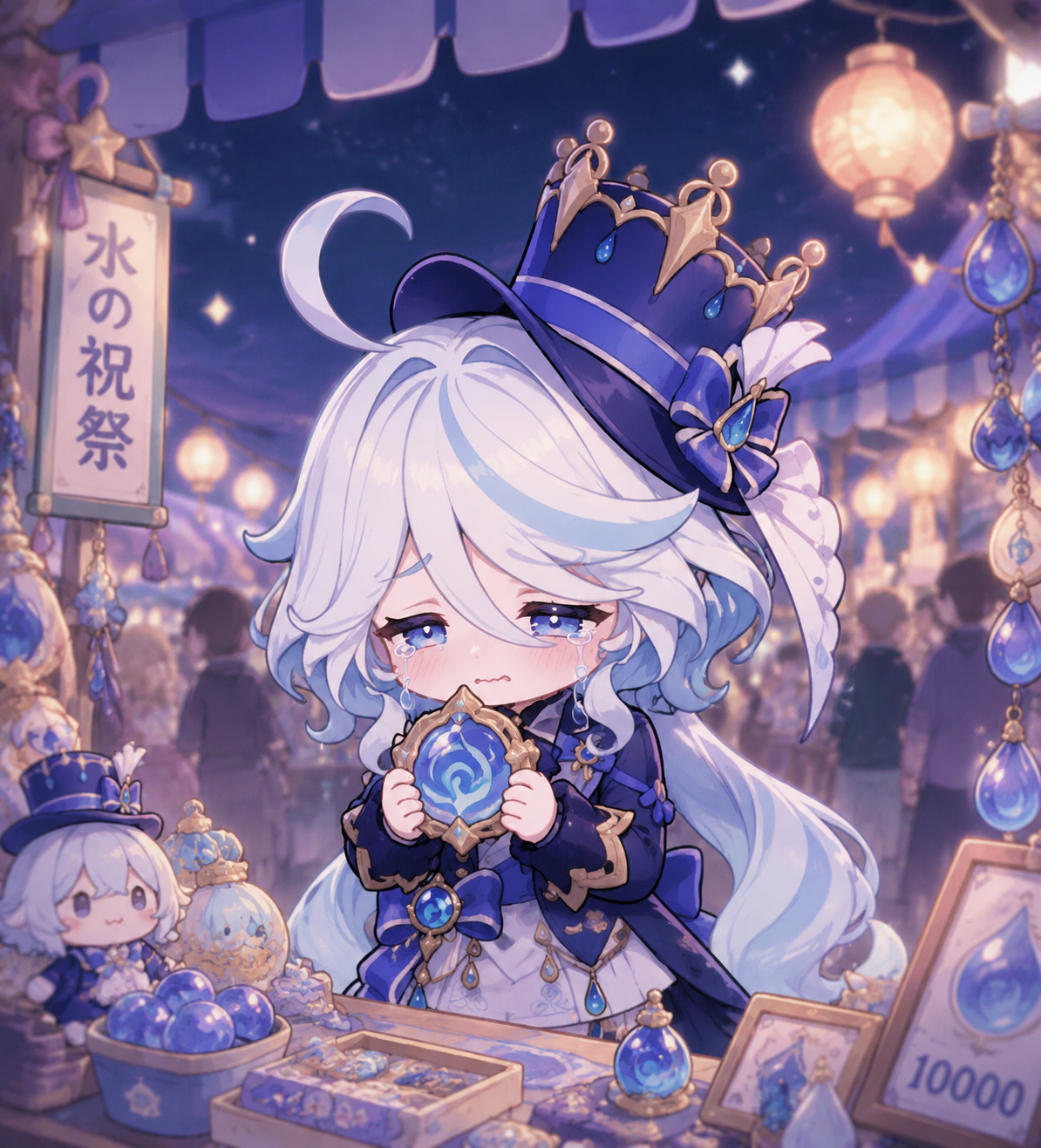 Weeping softly while holding a hydro vision At a bustling festival stall during the night (cute chibi art, pastel colors)