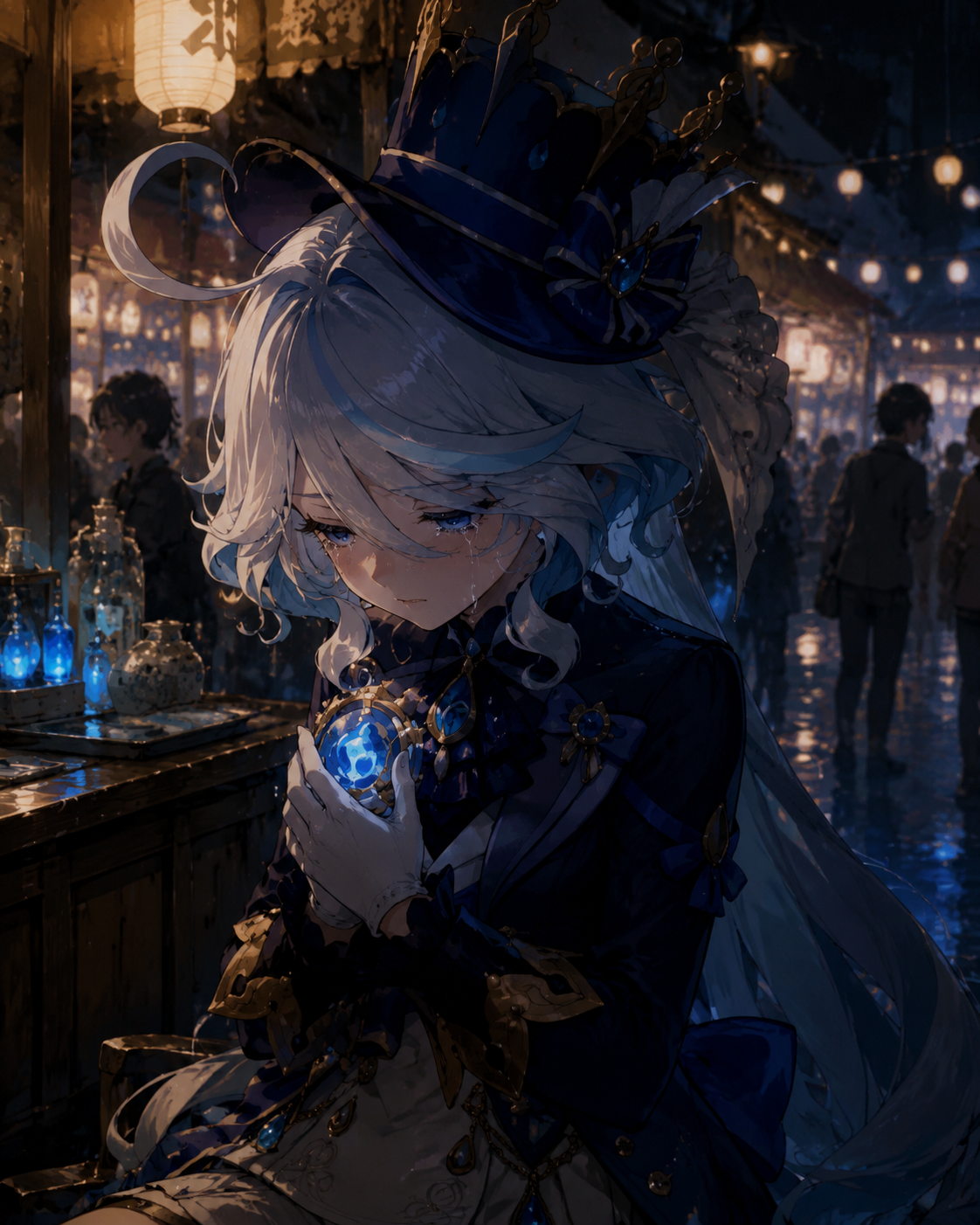 Weeping softly while holding a hydro vision At a bustling festival stall during the night (dark cinematic noir, moody shadows)