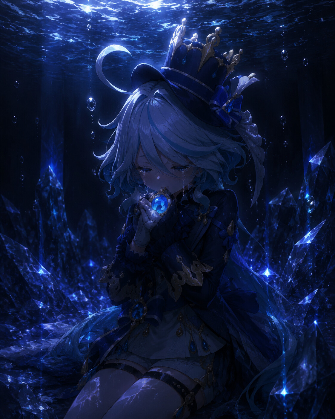 Weeping softly while holding a hydro vision at the bottom of a shimmering crystal ocean (dark cinematic noir)