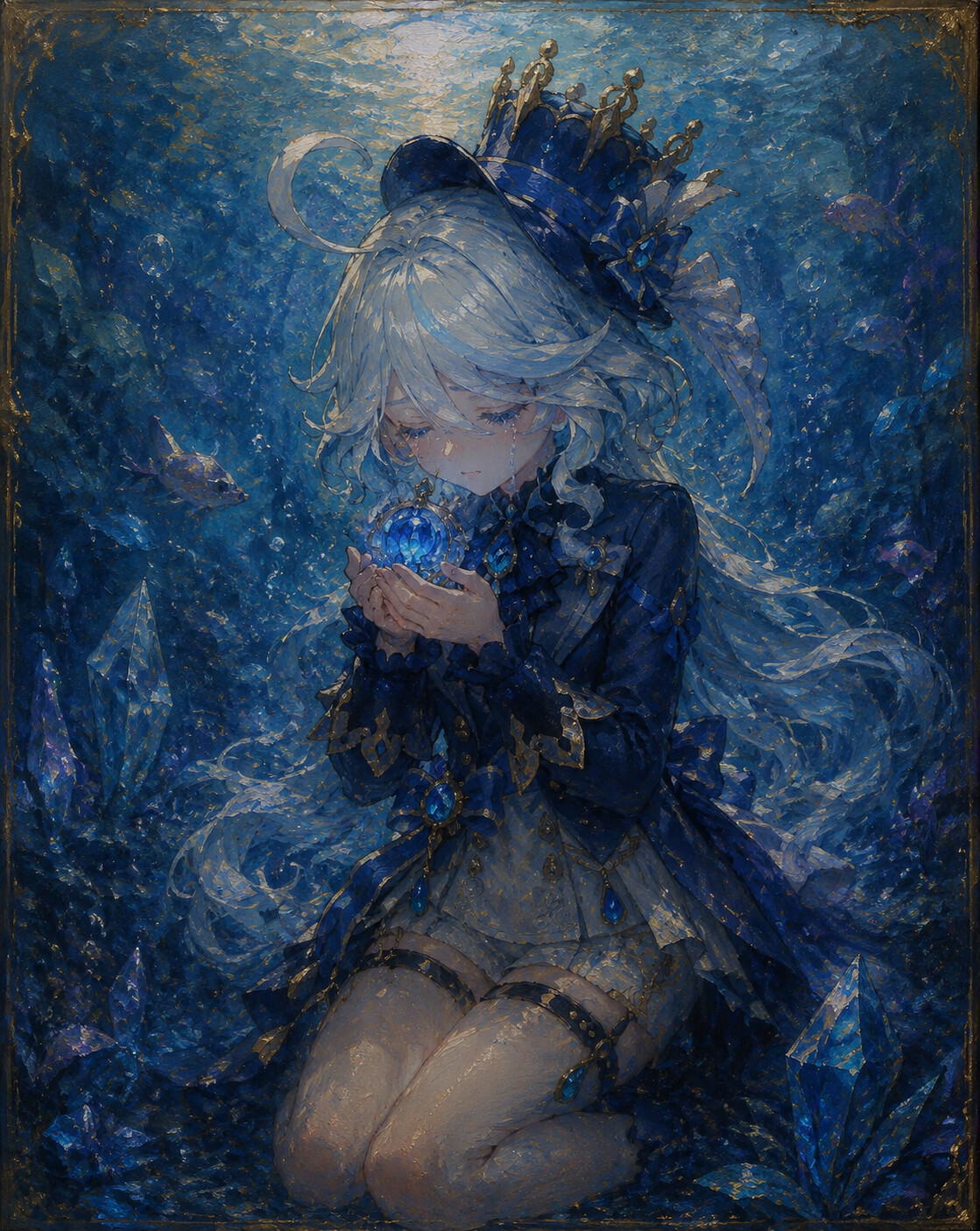 Weeping softly while holding a hydro vision at the bottom of a shimmering crystal ocean (vintage oil painting)