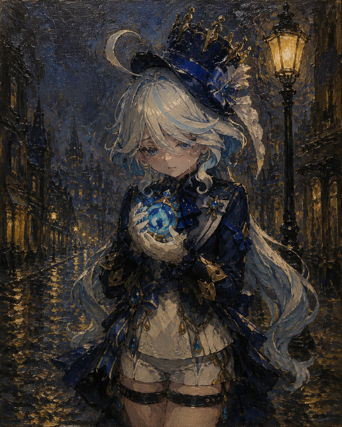 Weeping softly while holding a hydro vision on a rainy street under a glowing streetlight (vintage oil painting)