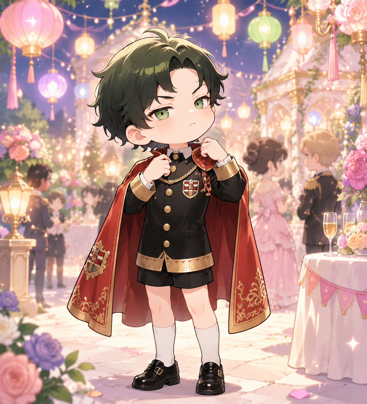 Adjusting his imperial scholar cape with a haughty expression At a prestigious garden party under colorful lanterns (chibi style, bright pastel colors and bubbly atmosphere)