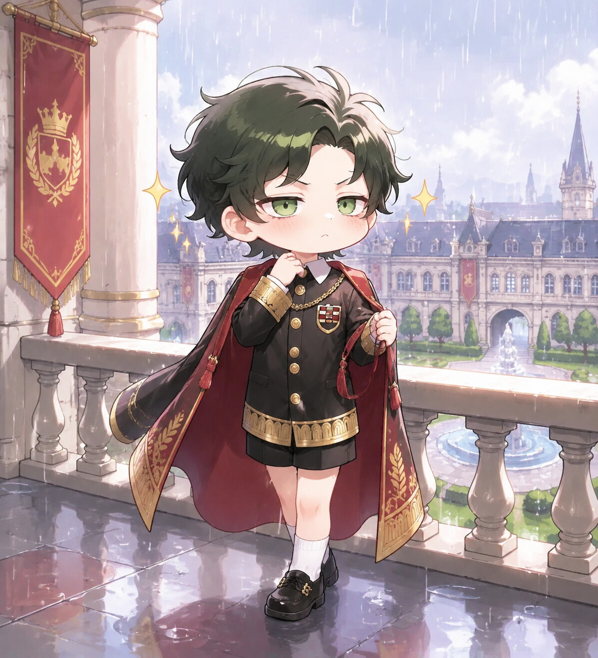Adjusting his Imperial Scholar cape with a haughty expression on a rainy balcony overlooking the school courtyard (chibi style)