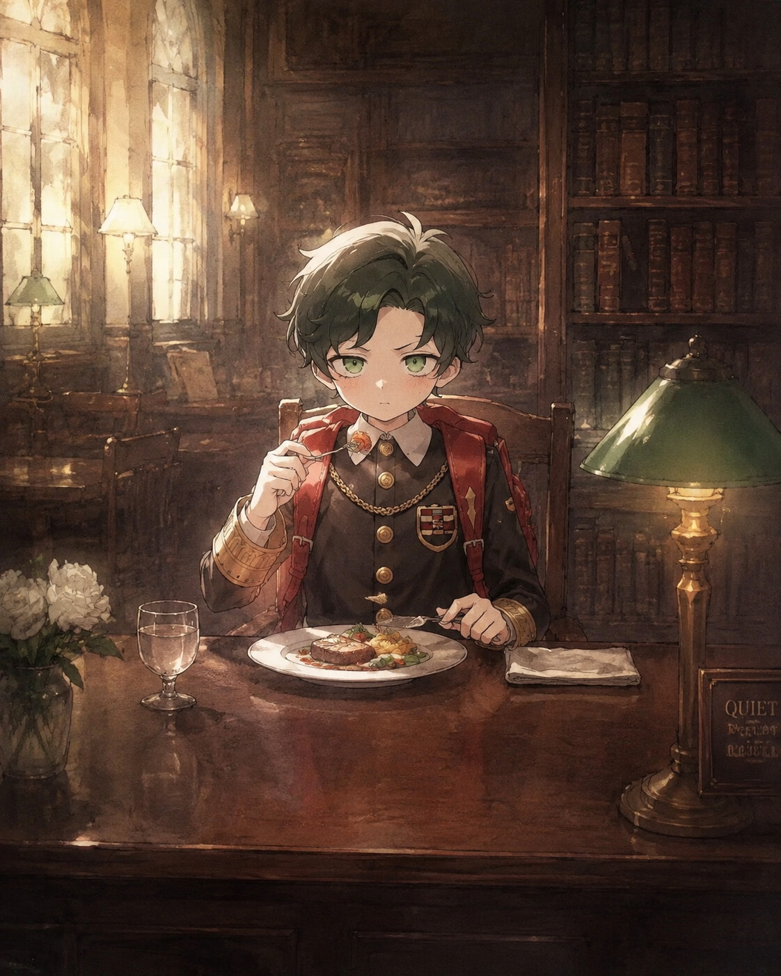 Eating a gourmet lunch in a lonely cafeteria corner at a mahogany desk in a dimly lit library (soft watercolor wash)