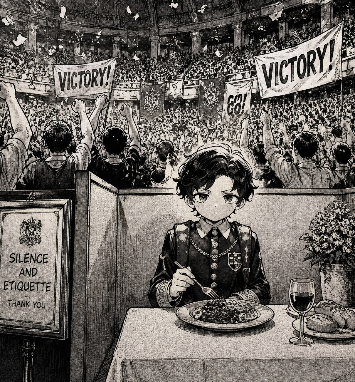 Eating a gourmet lunch in a lonely cafeteria corner at the center of a crowded, cheering gymnasium (vintage manga aesthetic)
