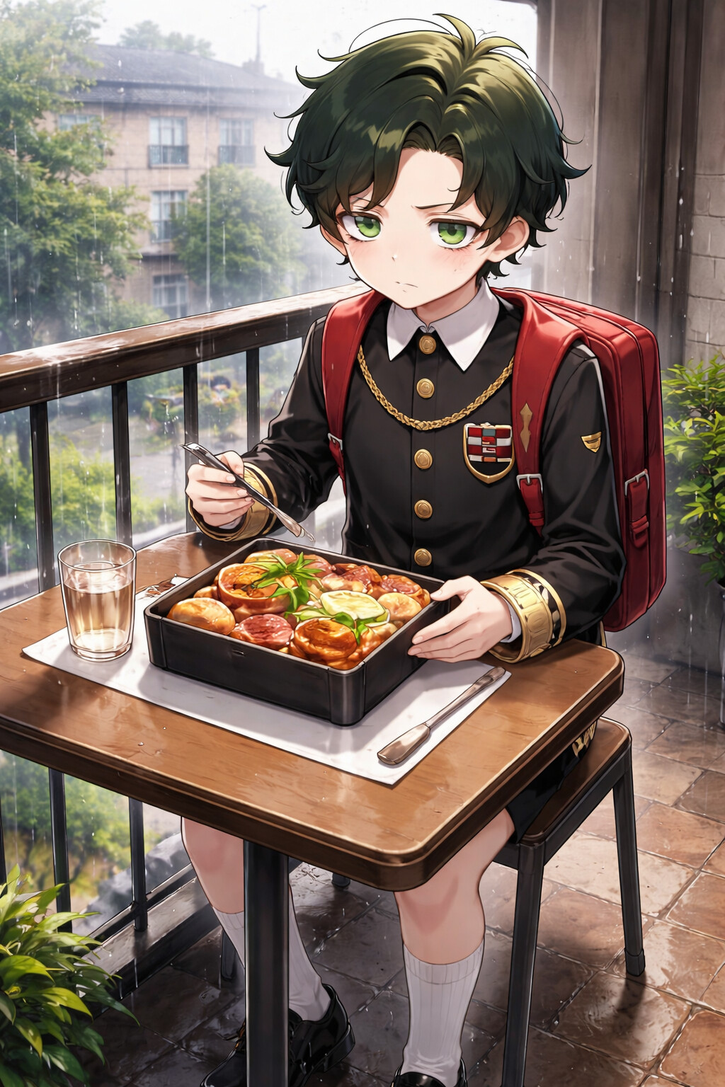 Eating a gourmet lunch in a lonely cafeteria corner on a rainy balcony overlooking the school courtyard (detailed anime art)
