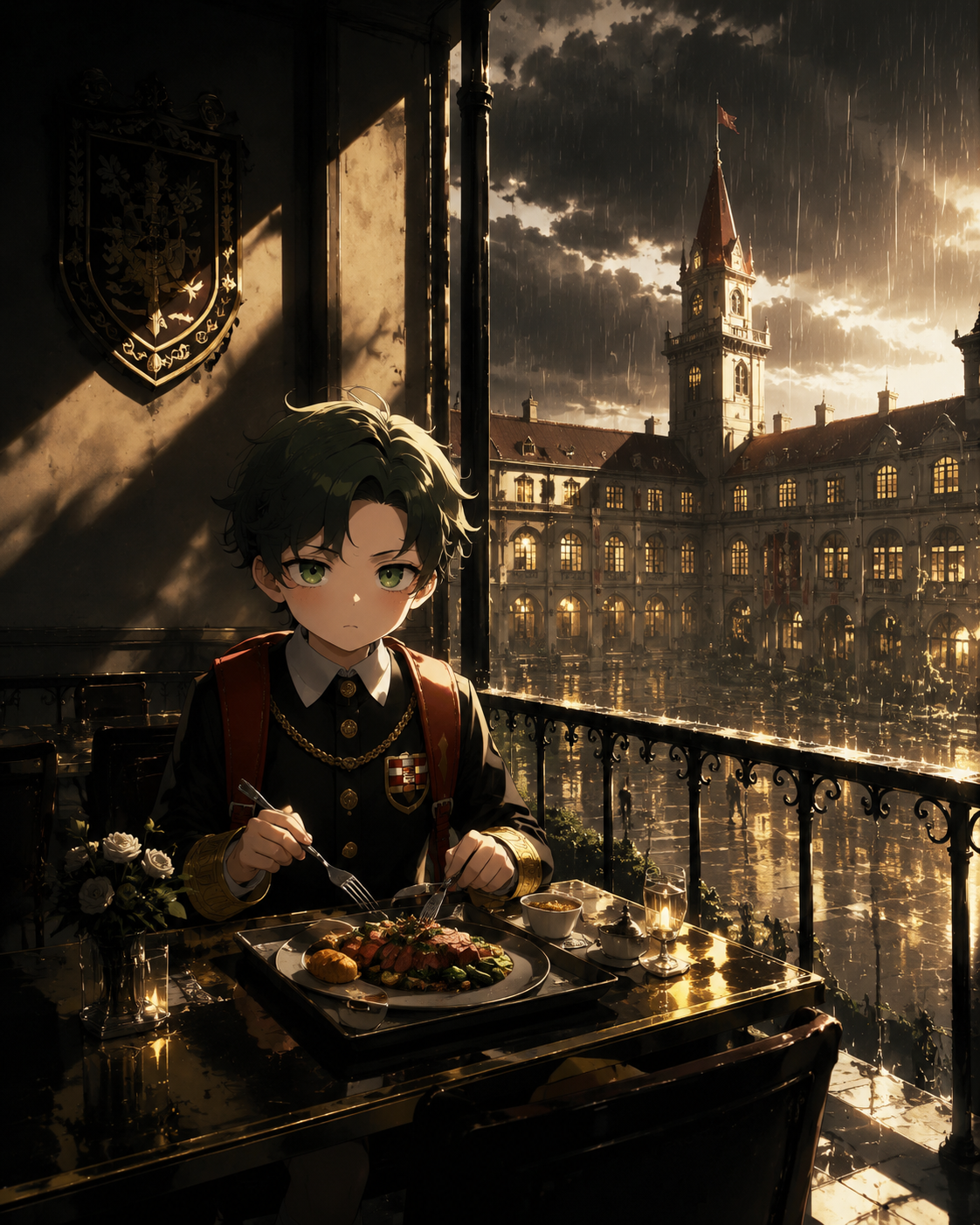 Eating a gourmet lunch in a lonely cafeteria corner On a rainy balcony overlooking the school courtyard (dramatic cinematic lighting, heavy shadows and golden highlights)