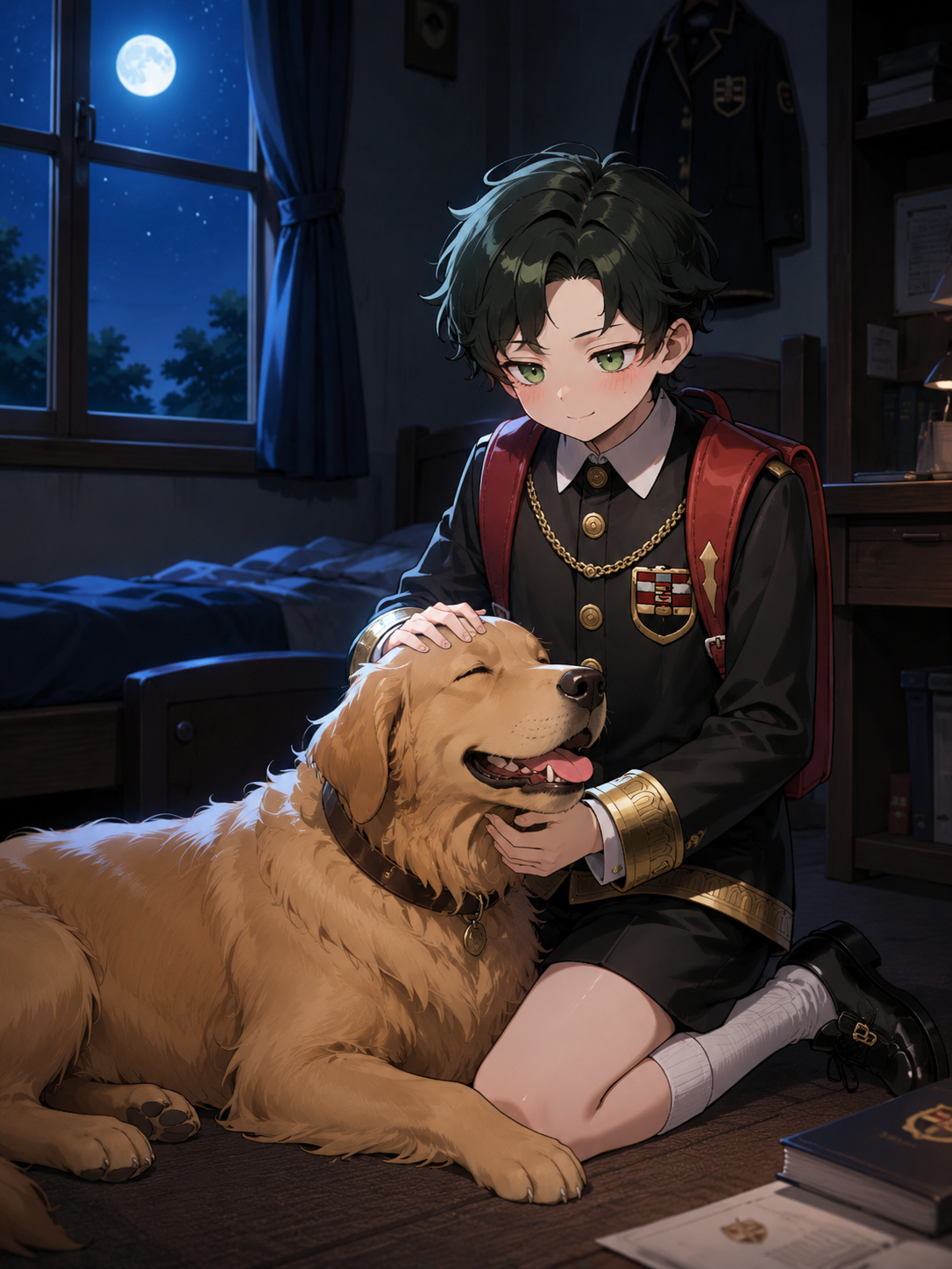 Petting a golden retriever with a hidden smile In a quiet dormitory room lit by moonlight (detailed anime art, crisp lines and vibrant colors)