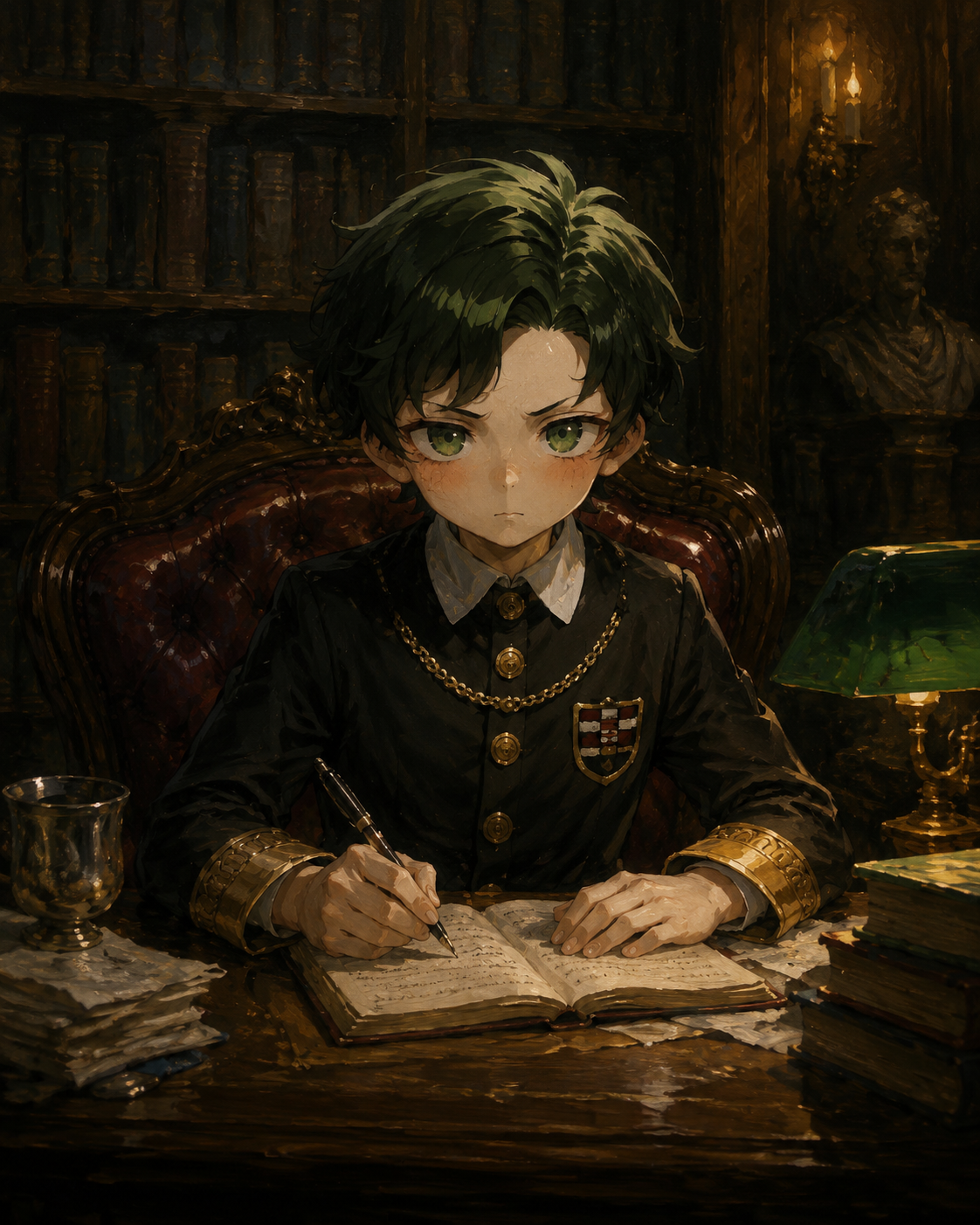 Playing soccer aggressively on the school field At a mahogany desk in a dimly lit library (oil painting style, rich textures and moody palette)
