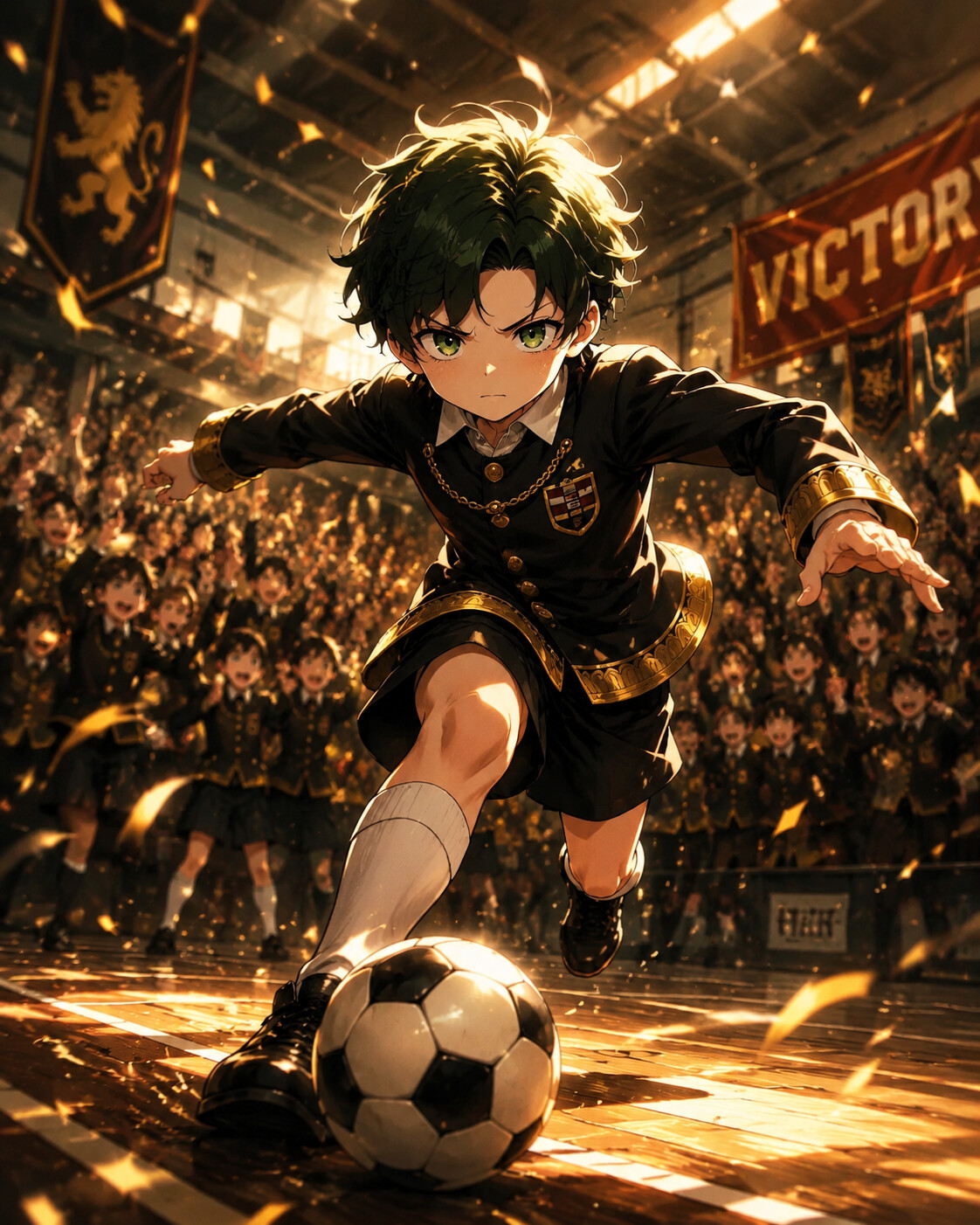 Playing soccer aggressively on the school field at the center of a crowded, cheering gymnasium (dramatic cinematic lighting)