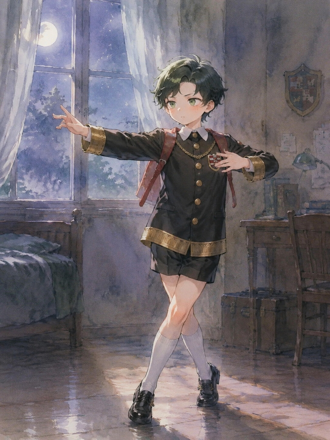 Practicing a formal ballroom dance step alone in a quiet dormitory room lit by moonlight (soft watercolor wash)