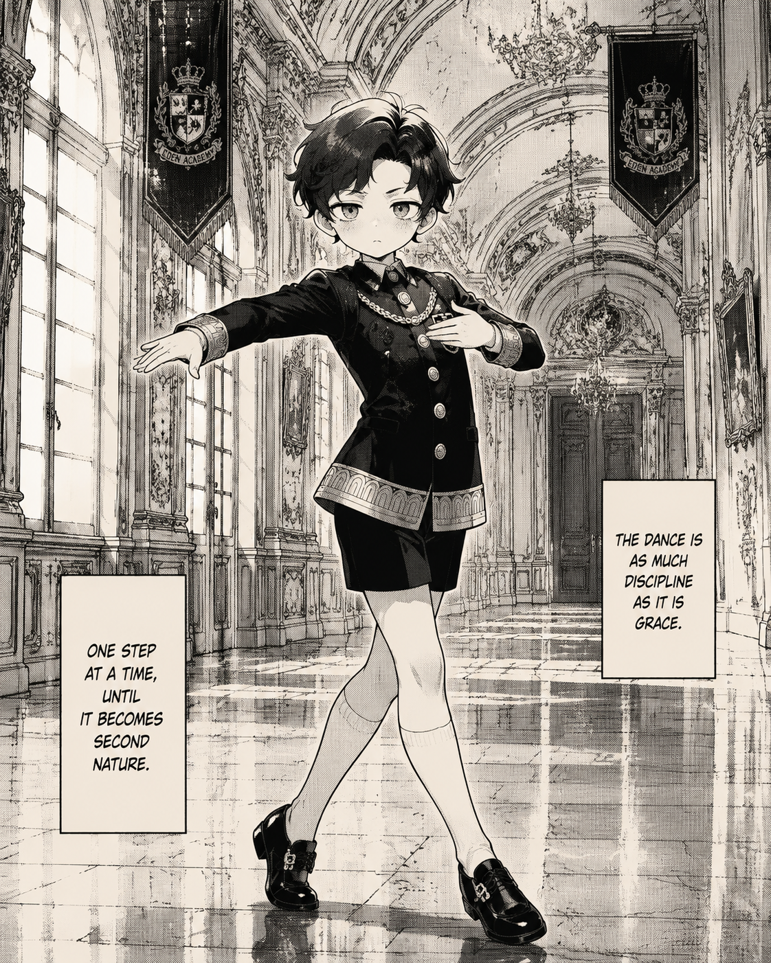 Practicing a formal ballroom dance step alone In the grand gilded hallways of Eden Academy (vintage manga aesthetic, screentone textures and ink linework)