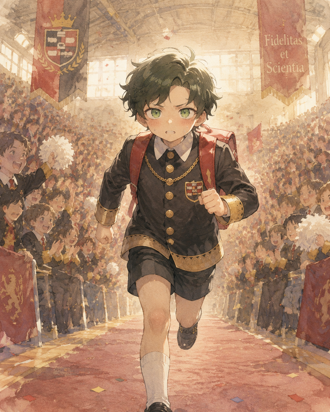 Sprinting through the hallway late for class At the center of a crowded, cheering gymnasium (soft watercolor wash, nostalgic and hazy lighting)