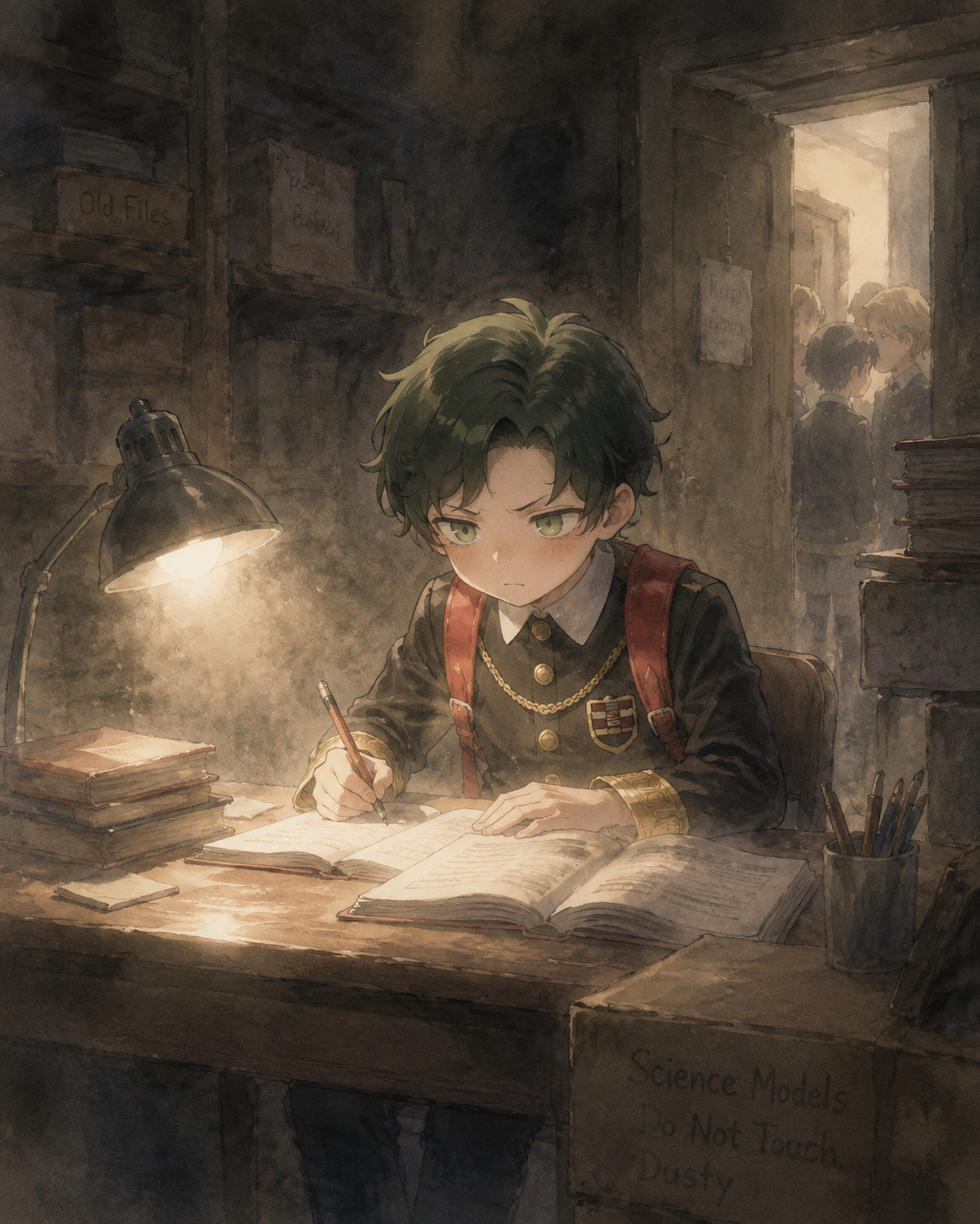 Studying intensely under a dim desk lamp In a dusty storage room hiding from classmates (soft watercolor wash, nostalgic and hazy lighting)