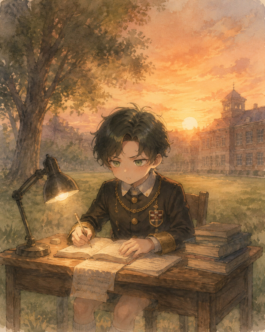 Studying intensely under a dim desk lamp on the grassy school grounds during a sunset (soft watercolor wash)