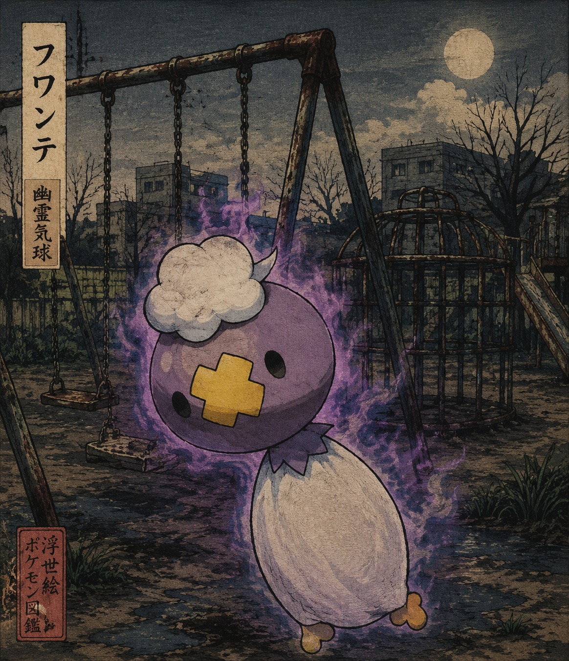 Glowing with a faint malevolent purple aura In a derelict playground with rusted swings (Japanese ukiyo-e woodblock print)