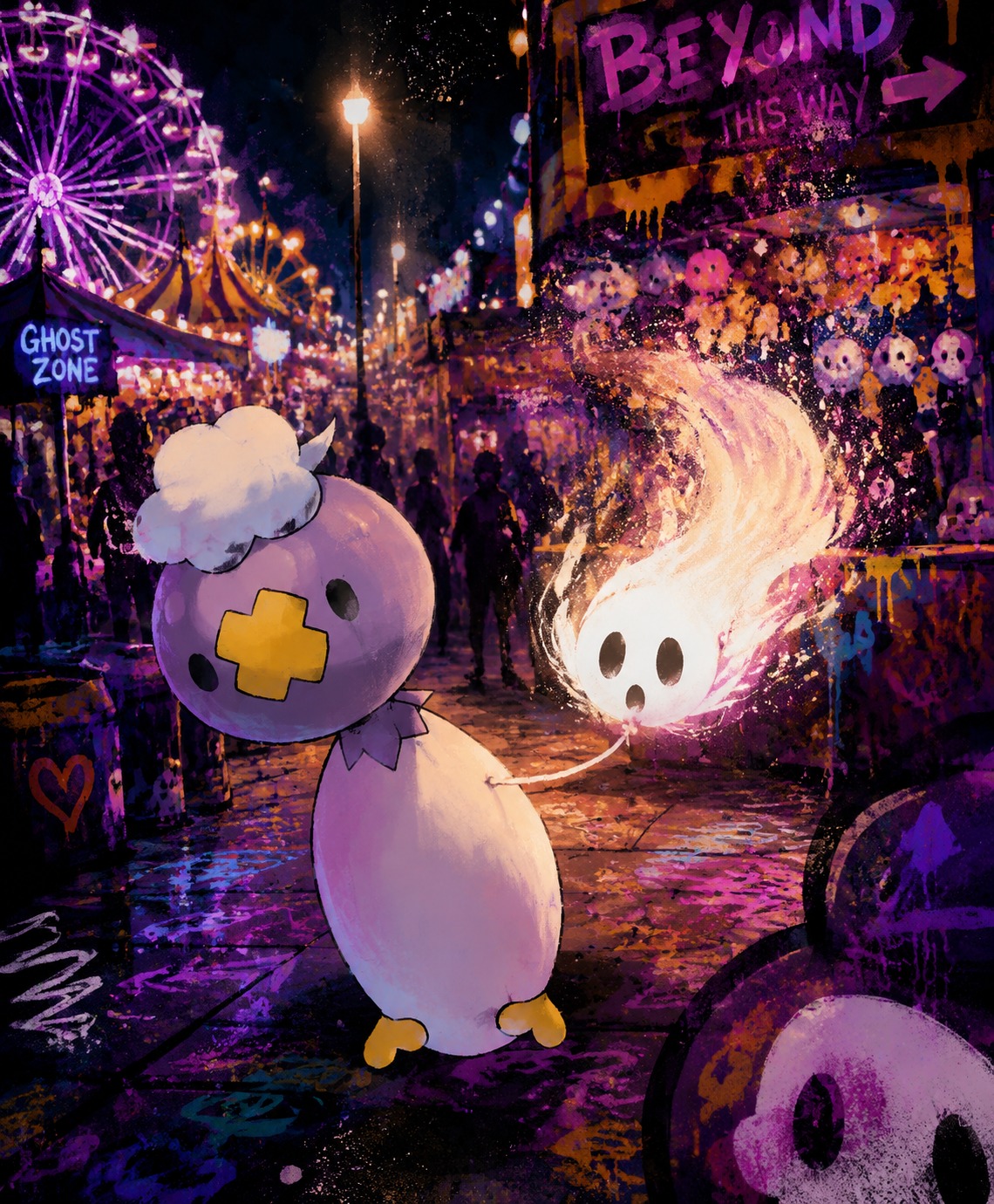 Guiding a flickering spirit toward the afterlife At a bustling carnival under bright neon lights (vibrant street art, messy spray-paint textures)