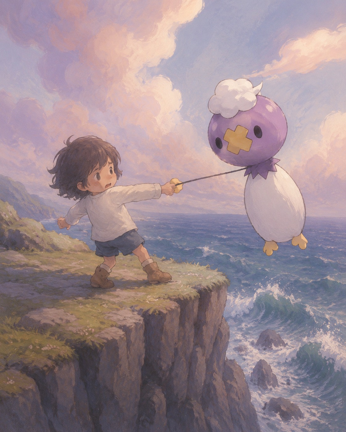Tugging persistently on a small child's hand On a lonely cliffside overlooking a churning ocean (soft pastel gouache, whimsical dreamlike lighting)