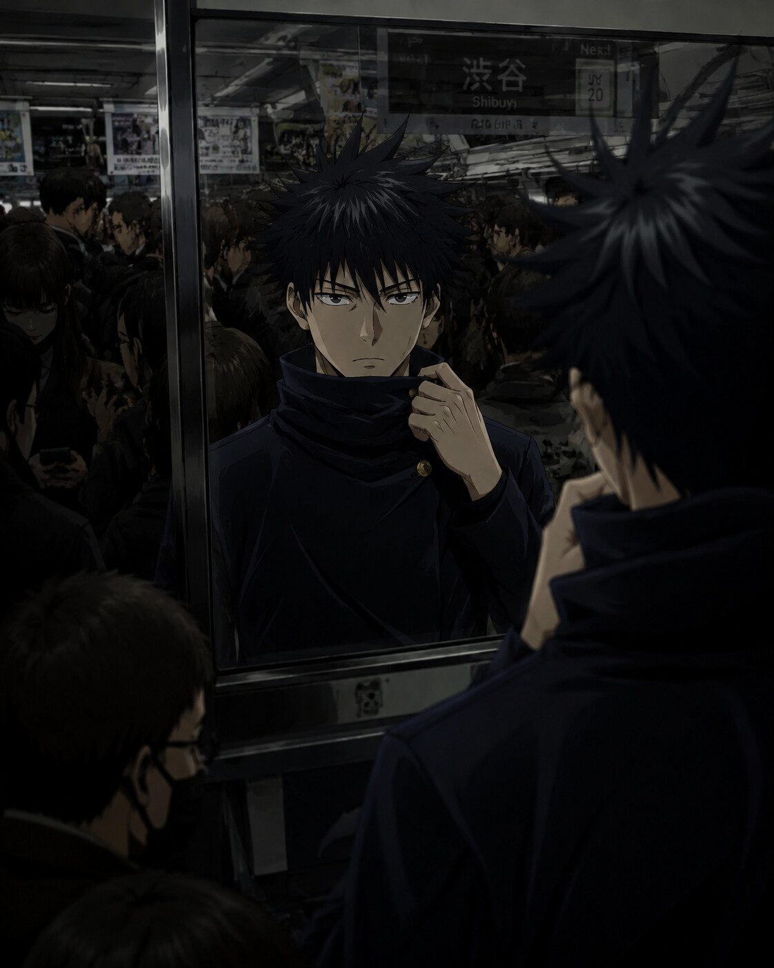 Adjusting his high-collared uniform in a mirror on a crowded Tokyo subway train during rush hour (dark anime aesthetic with sharp ink lines)