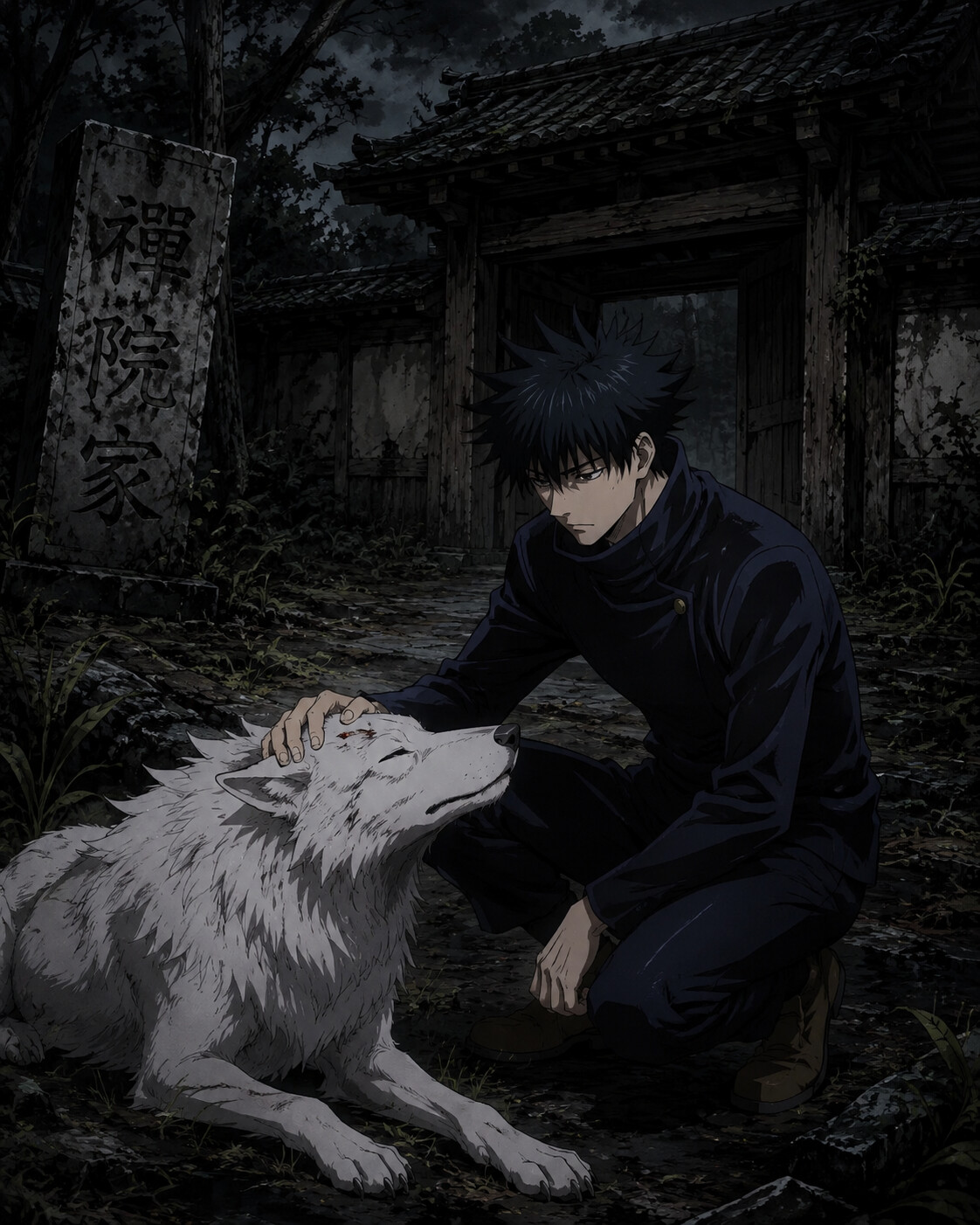 Petting a white wolf during a calm moment at the overgrown and dilapidated Zenin clan estate (dark anime aesthetic with sharp ink lines)