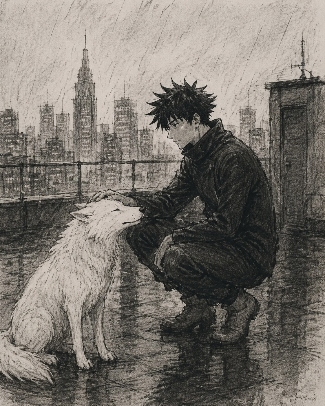 Petting a white wolf during a calm moment on a rainy rooftop overlooking the Shinjuku skyline (minimalist charcoal sketch with rough textures)
