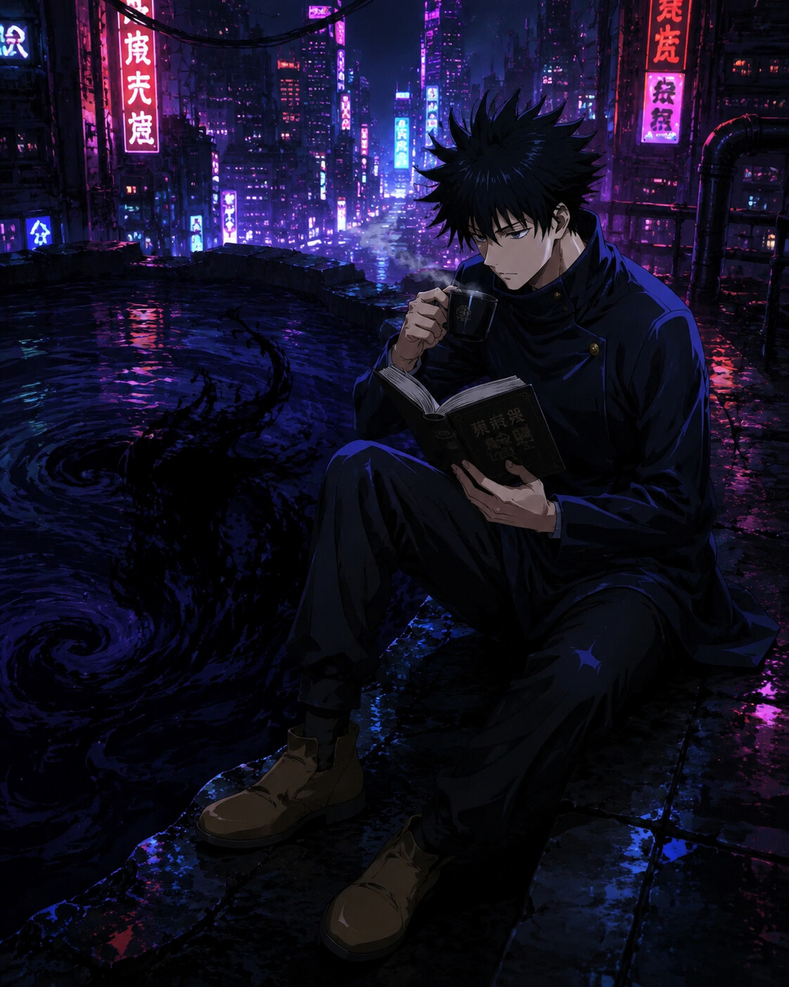 Reading a book quietly while drinking tea at the edge of a swirling pool of shadows (cyberpunk neon style with high contrast)